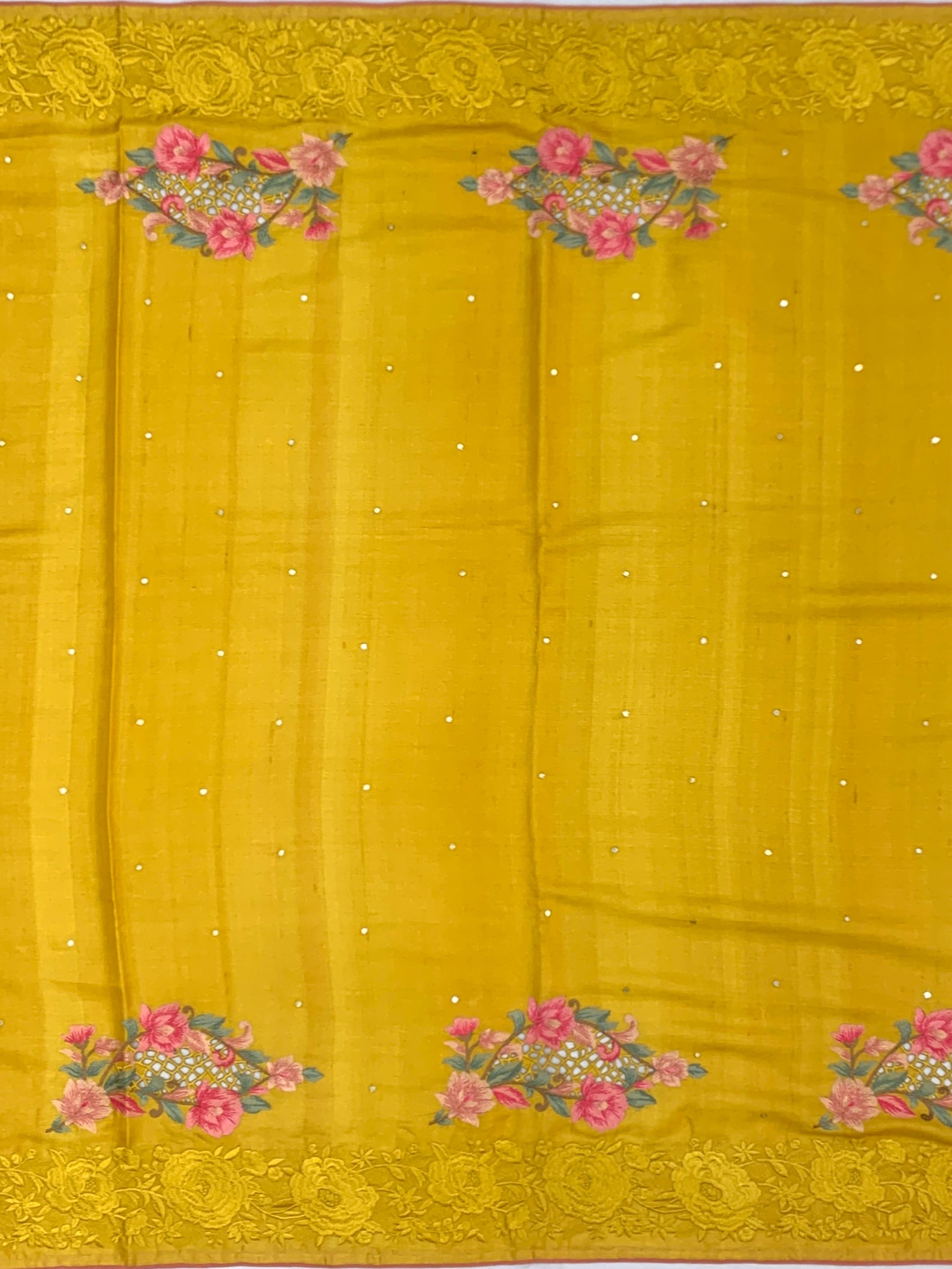 Mustard Yellow Tussore Silk Saree with Floral Cutwork Motifs & Tone-on-Tone Embroidered Border