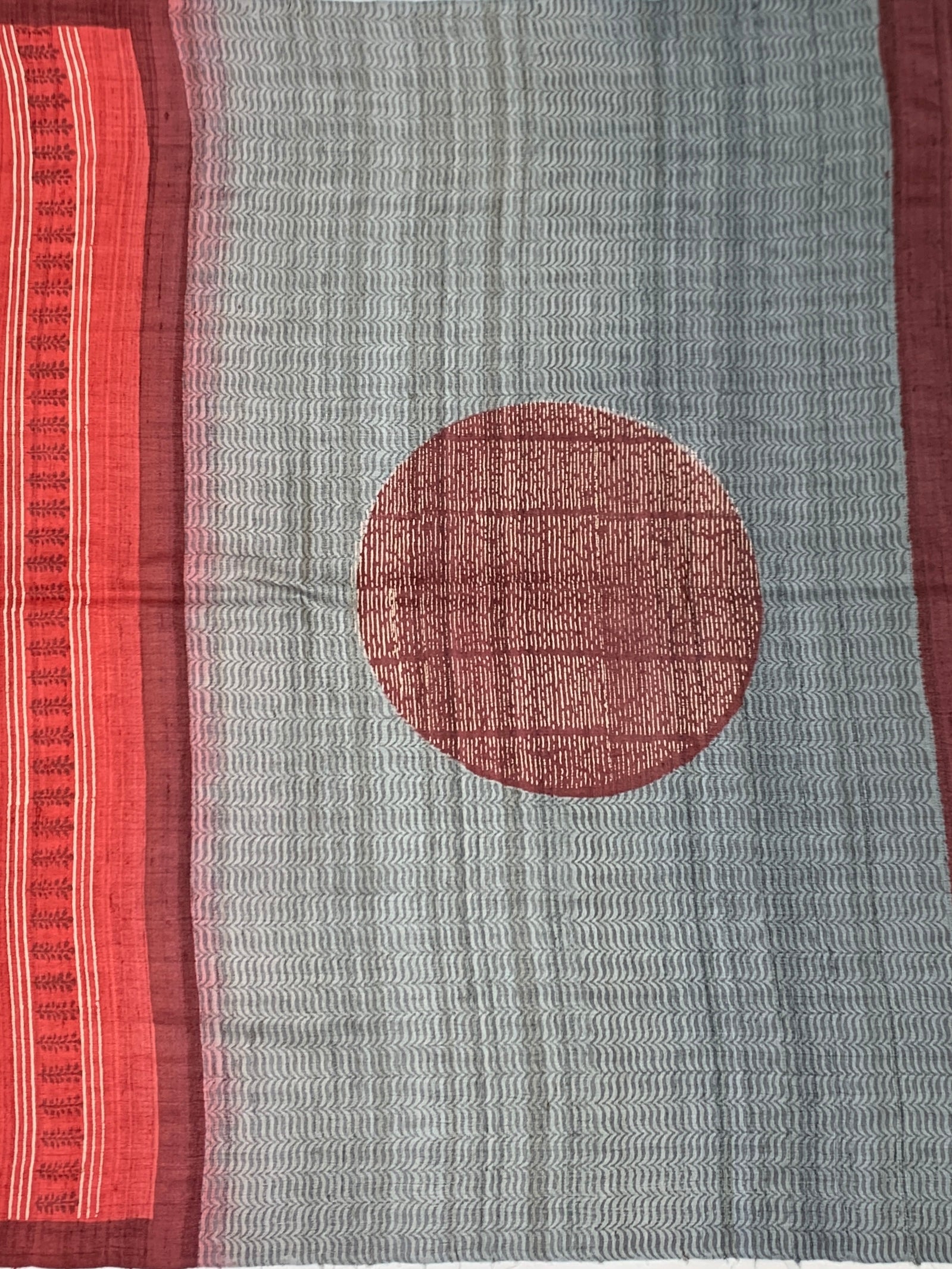 Crimson Red & Powder Blue Printed Tussore Saree
