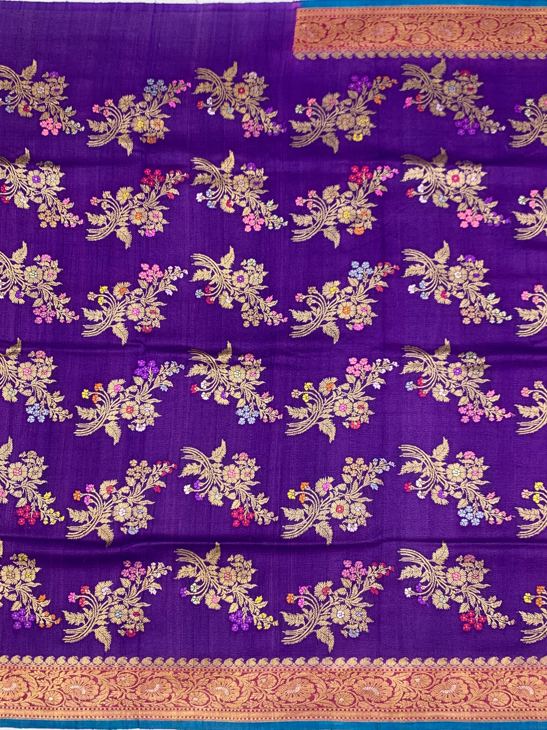 Royal Purple Tussore Georgette Saree with Meenakari Floral Jaal & Contrast Peacock Blue Blouse