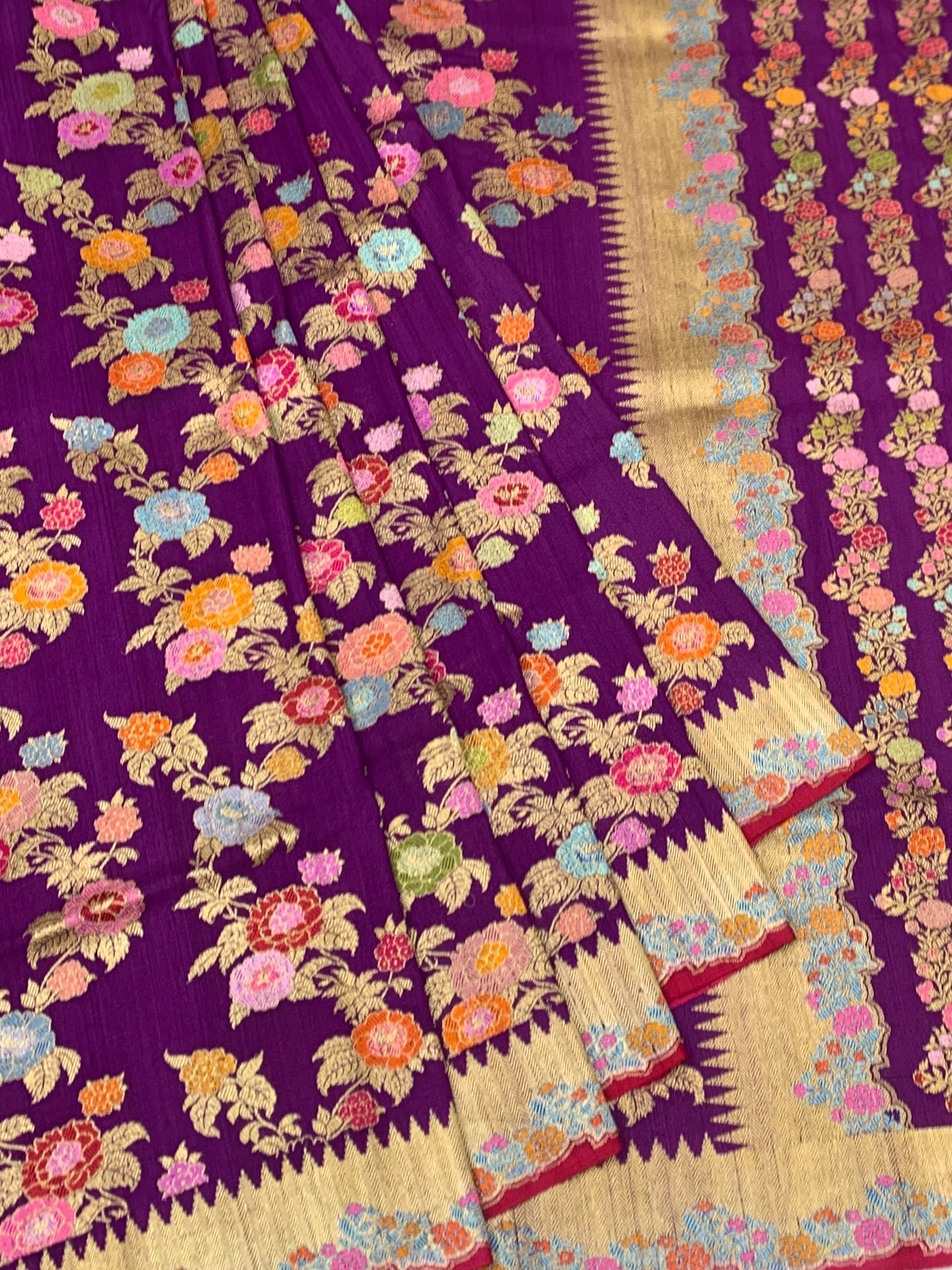 Regal Aubergine Purple Tussore Georgette Saree with Meenakari Floral Jaal