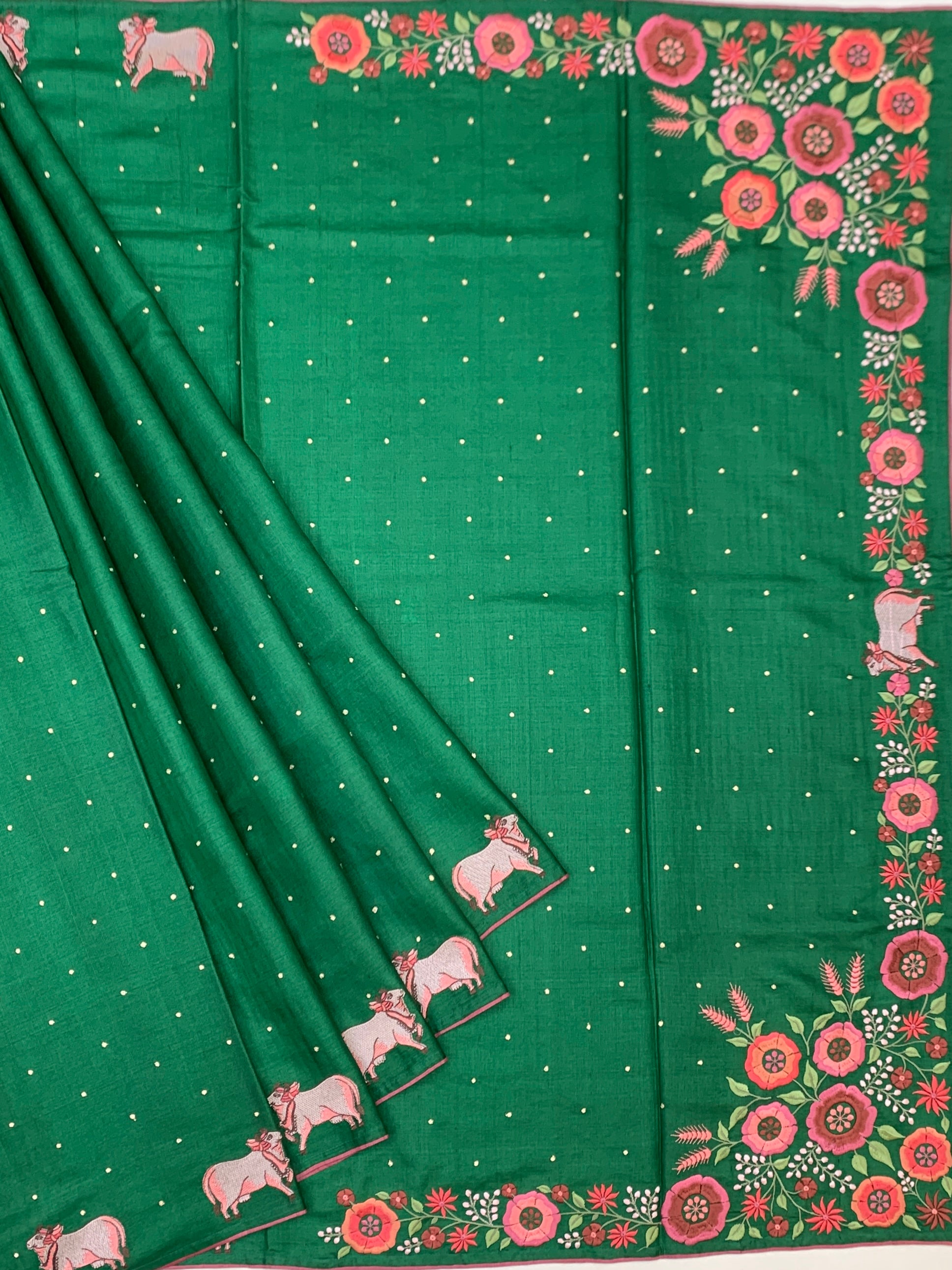 Lush Emerald: Pichwai-Inspired Hand-Embroidered Tussar Silk Saree