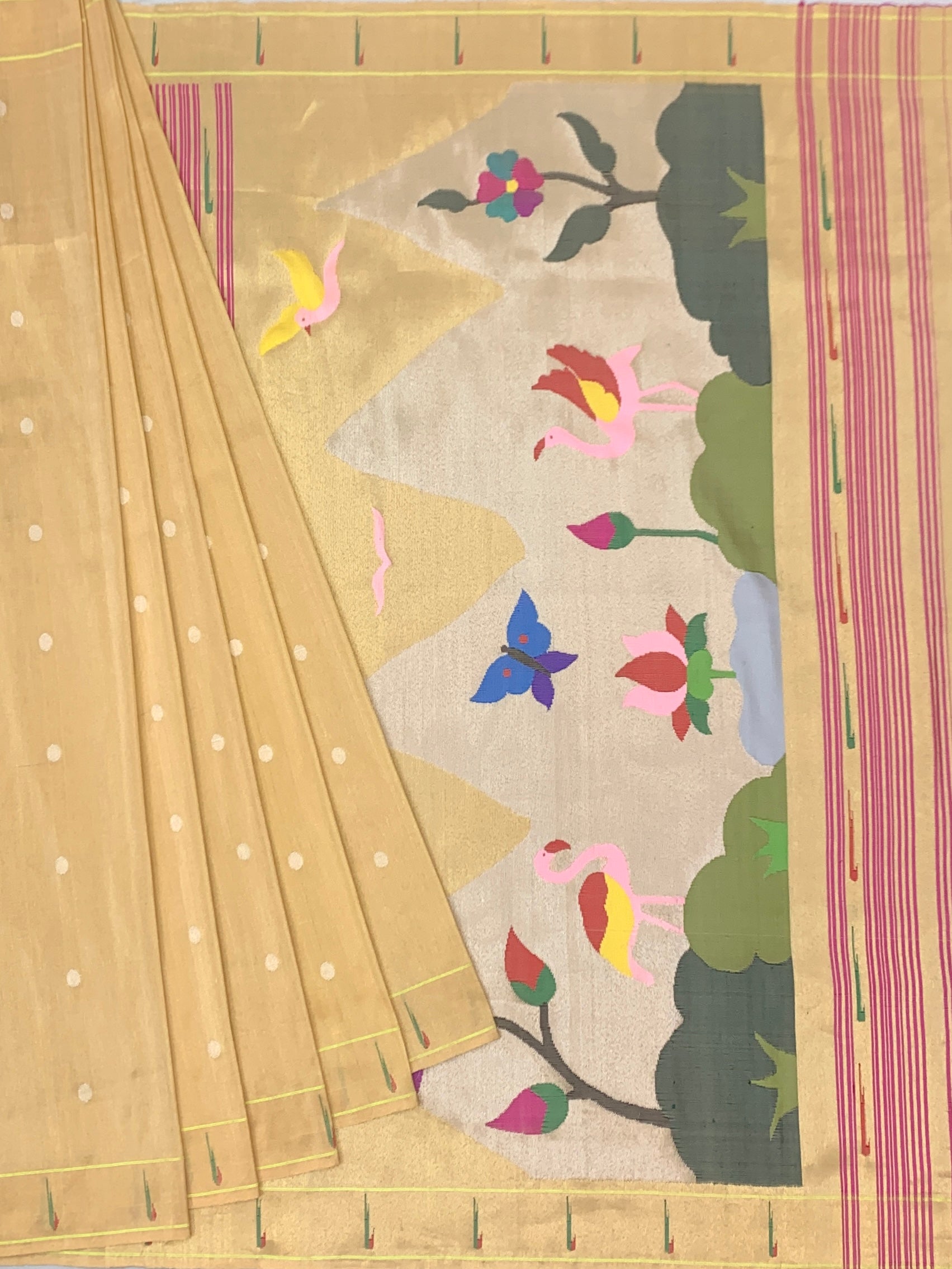 Luminous Gold Tissue Paithani Saree with Enchanting Scenic Landscape Pallu