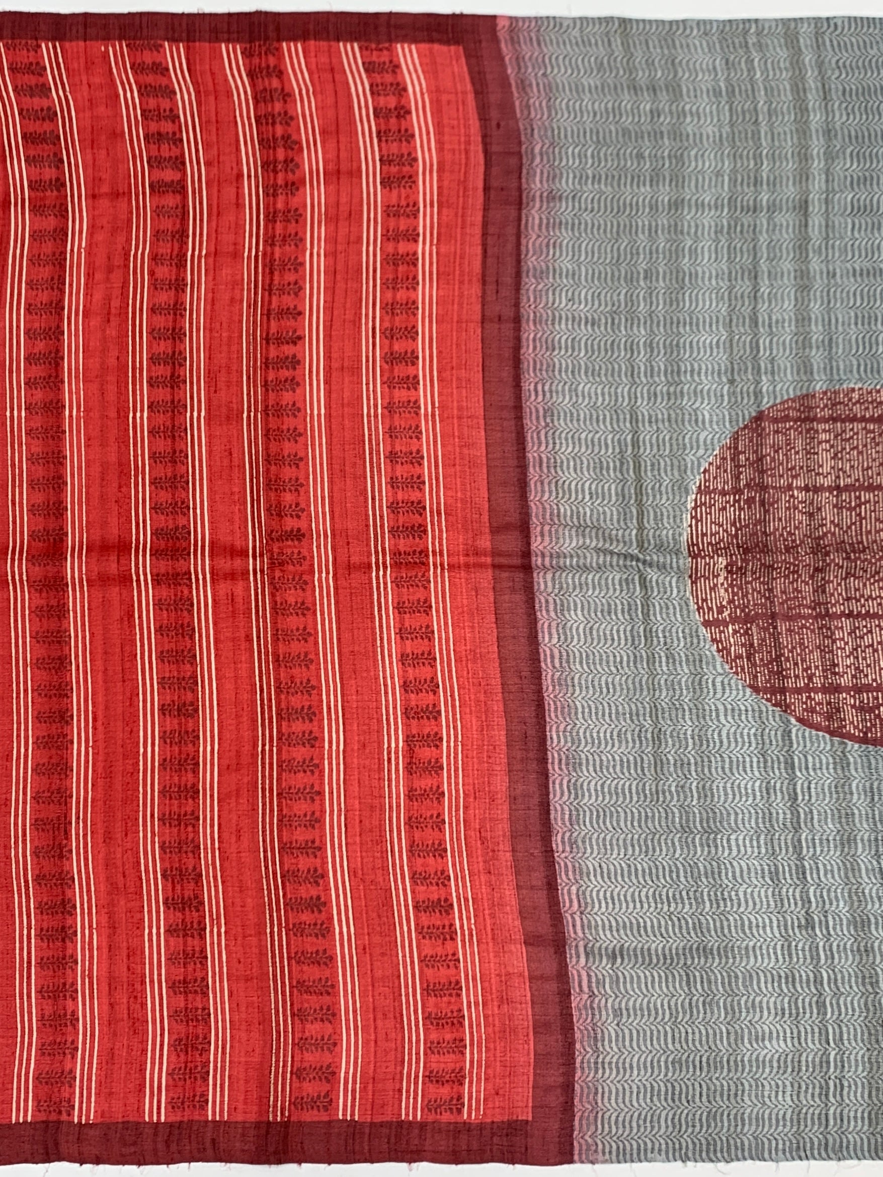 Crimson Red & Powder Blue Printed Tussore Saree