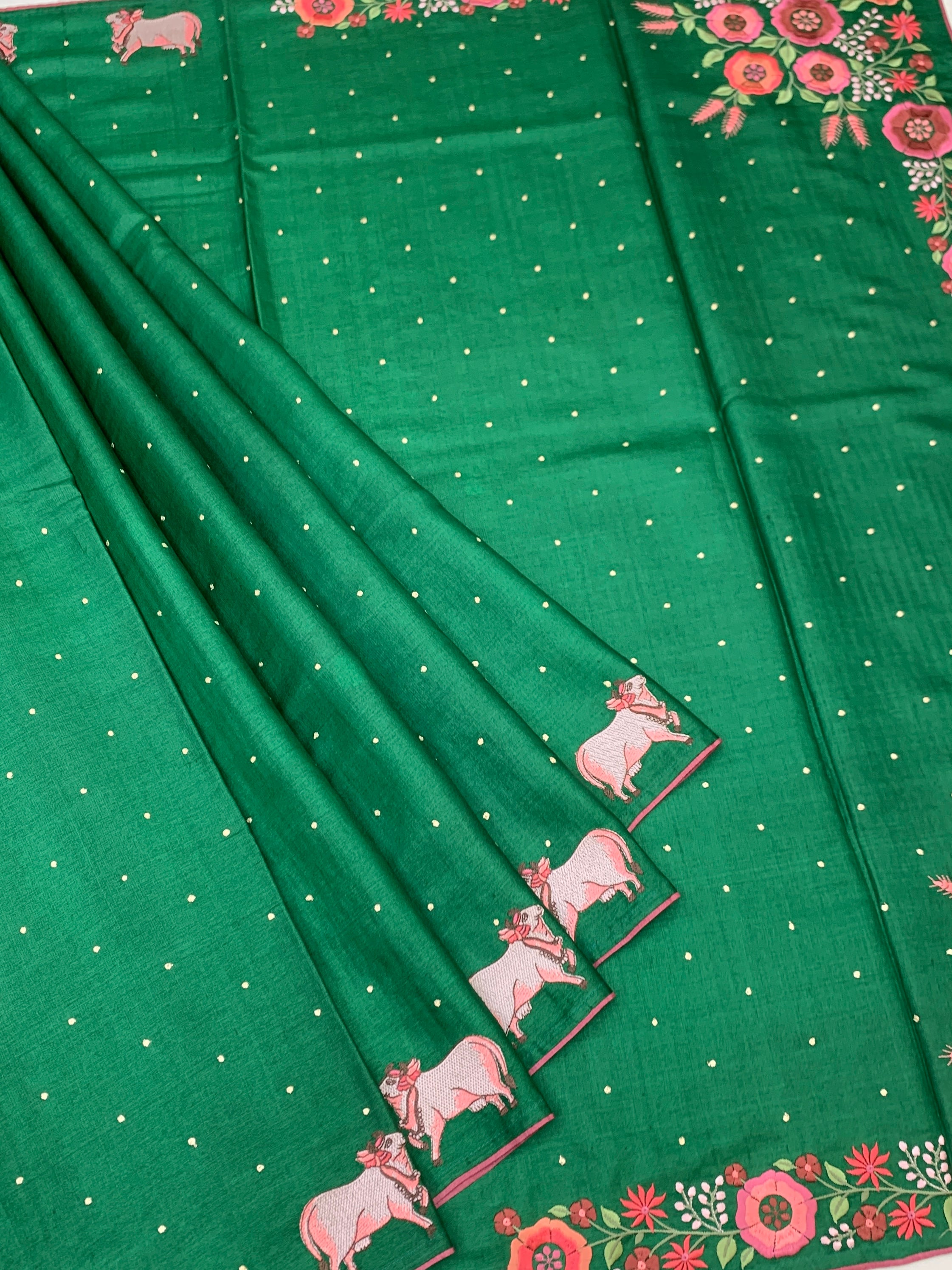 Lush Emerald: Pichwai-Inspired Hand-Embroidered Tussar Silk Saree