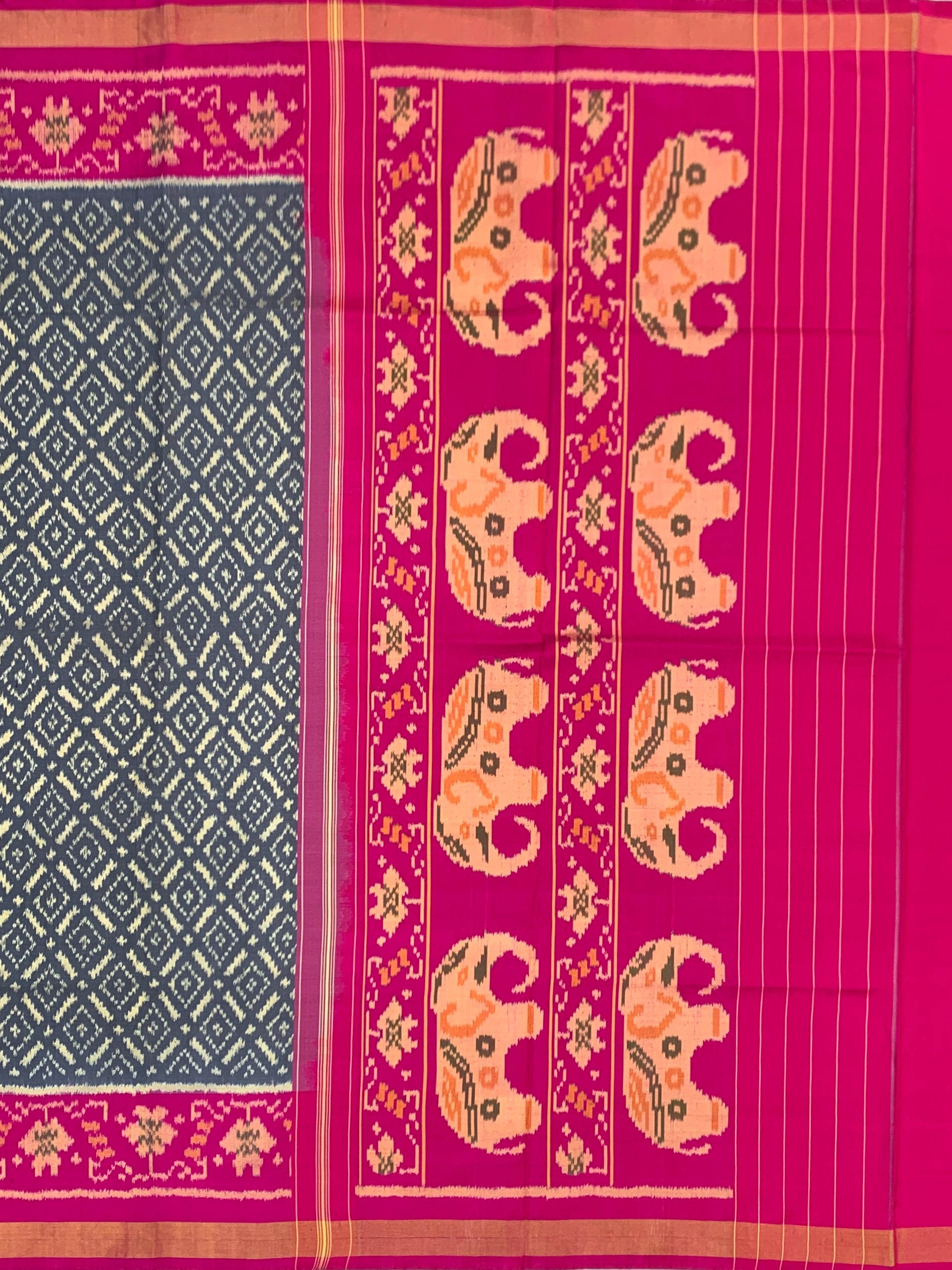 Regal Harmony: Charcoal & Magenta Elephant Motif Rajkot Patola Silk Saree