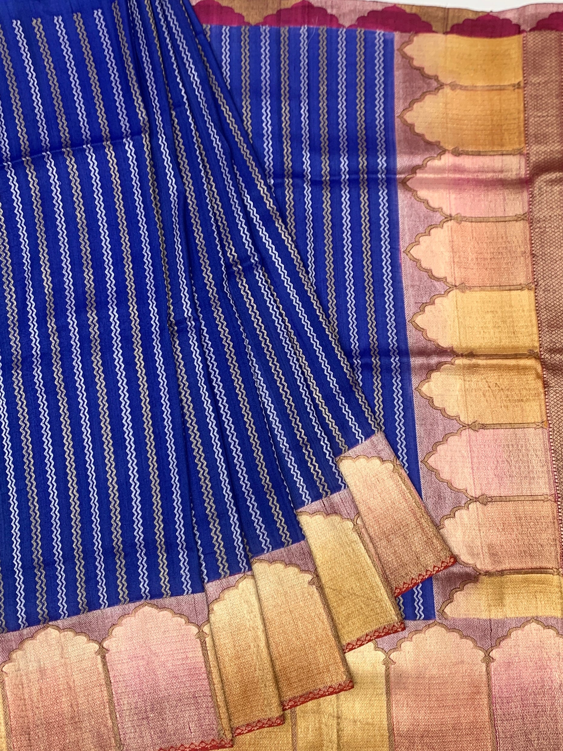 Royal Blue Tussore Georgette Saree with Zari Stripes & Contrast Red Blouse