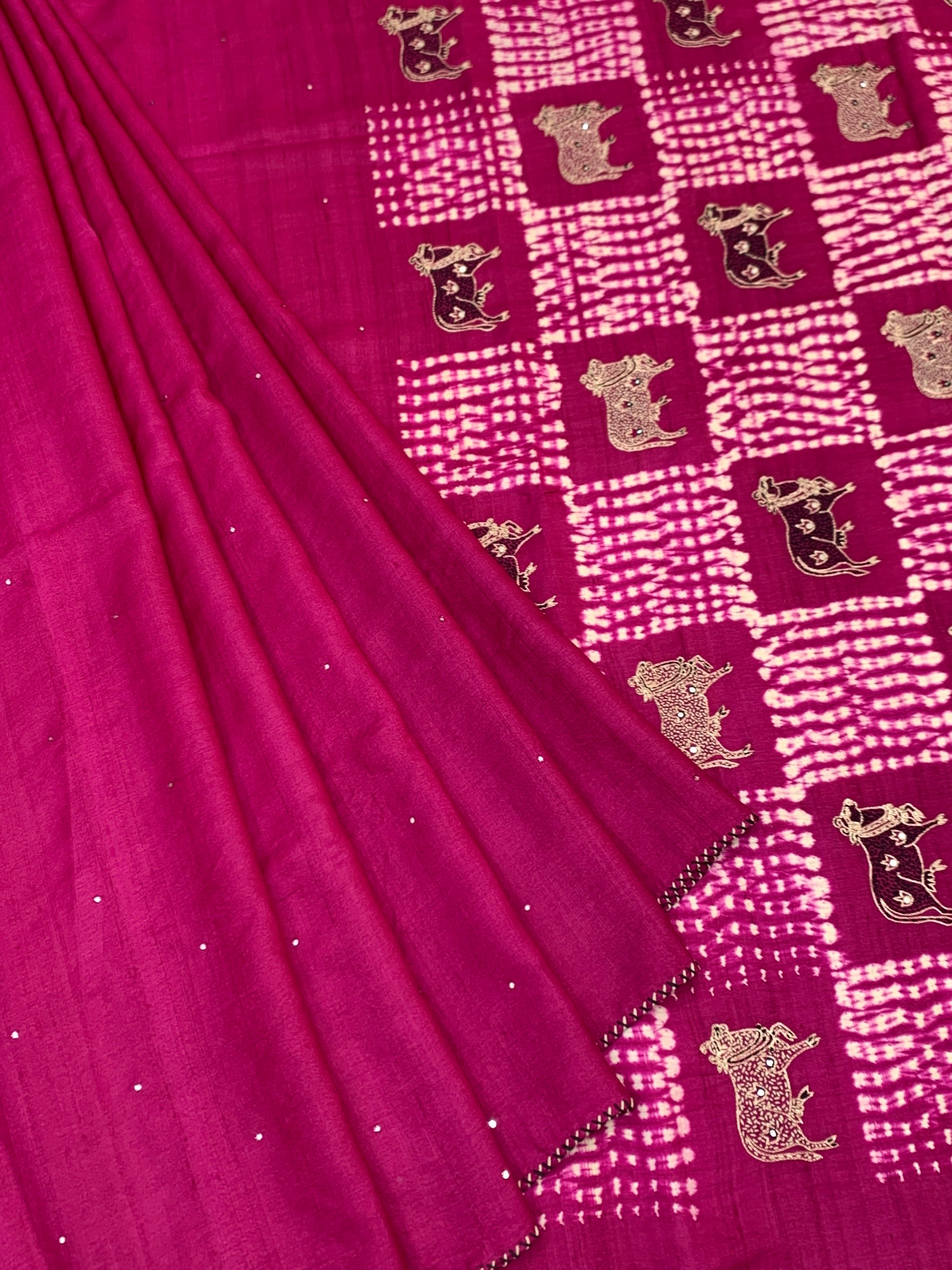 Magenta Pink Tussore Silk Saree with Pichwai Cow Embroidery & Shibori Grid