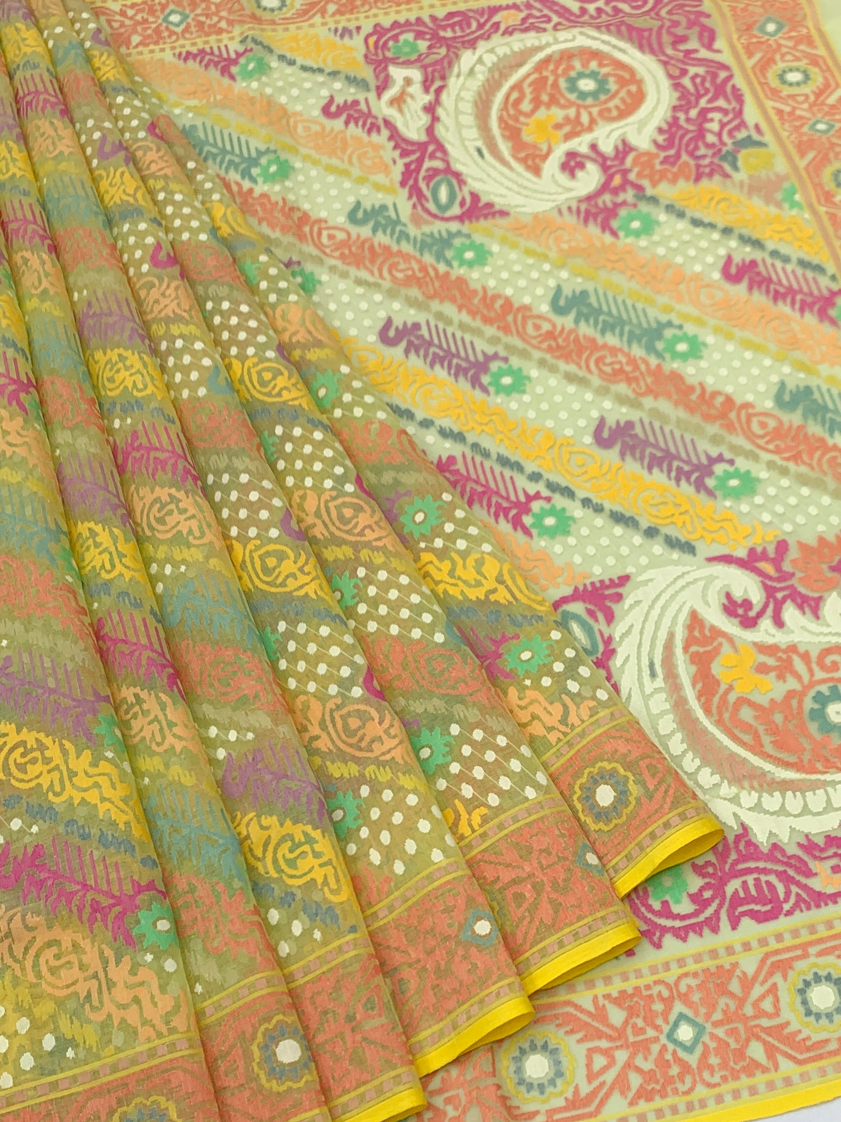 Pastel Mint Cotton Jamdani Saree with Diagonal Multi-Color Weaves and Statement Paisley Pallu