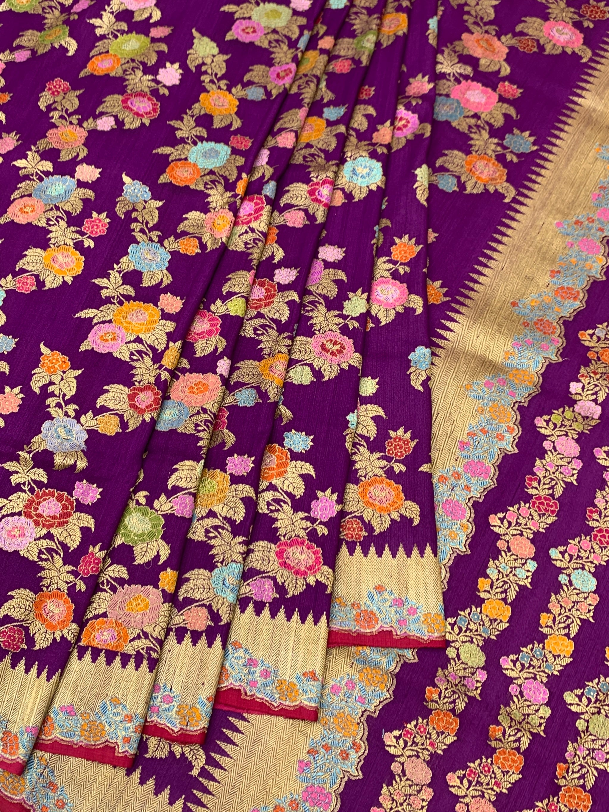 Regal Aubergine Purple Tussore Georgette Saree with Meenakari Floral Jaal