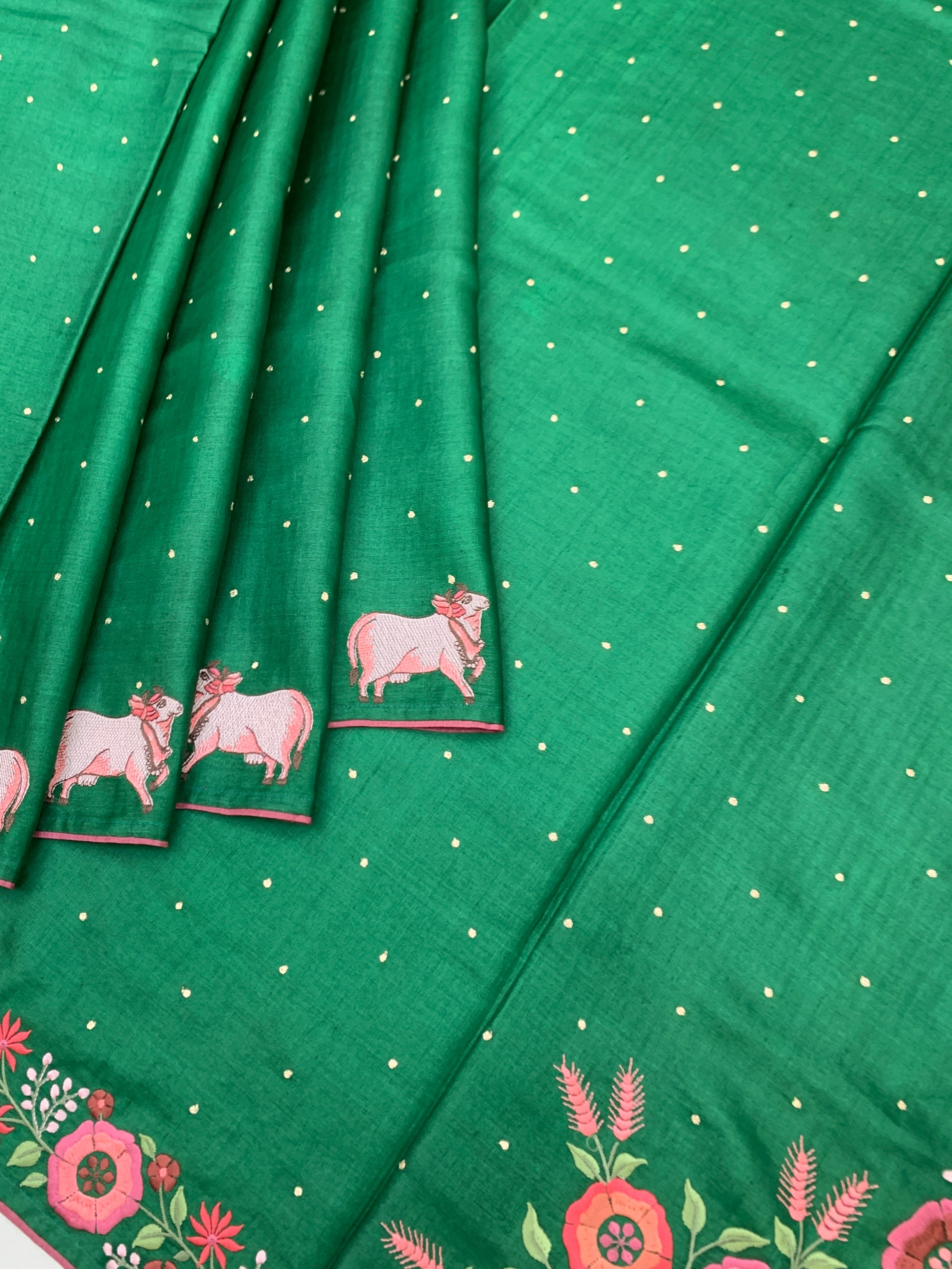 Lush Emerald: Pichwai-Inspired Hand-Embroidered Tussar Silk Saree