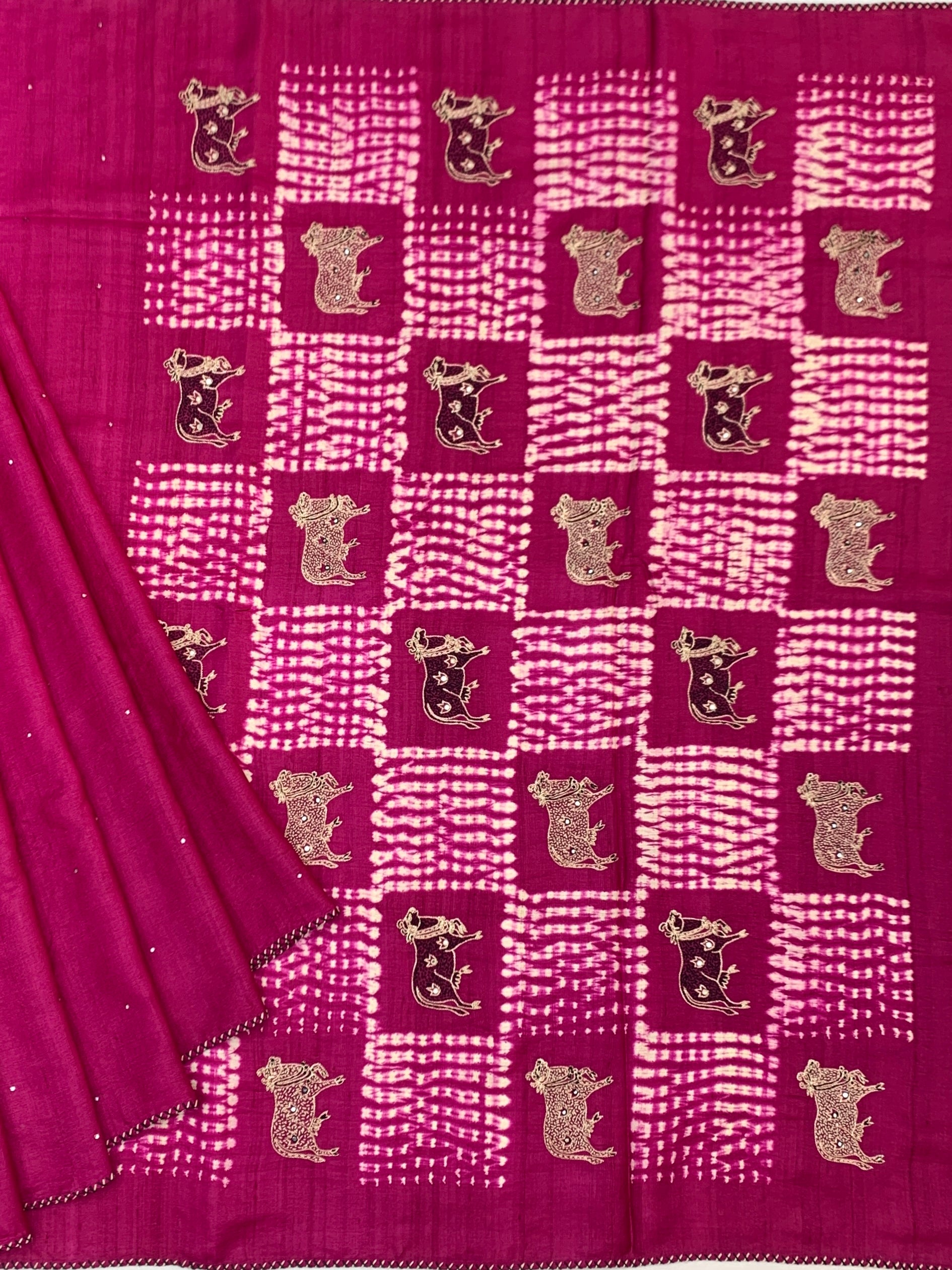 Magenta Pink Tussore Silk Saree with Pichwai Cow Embroidery & Shibori Grid