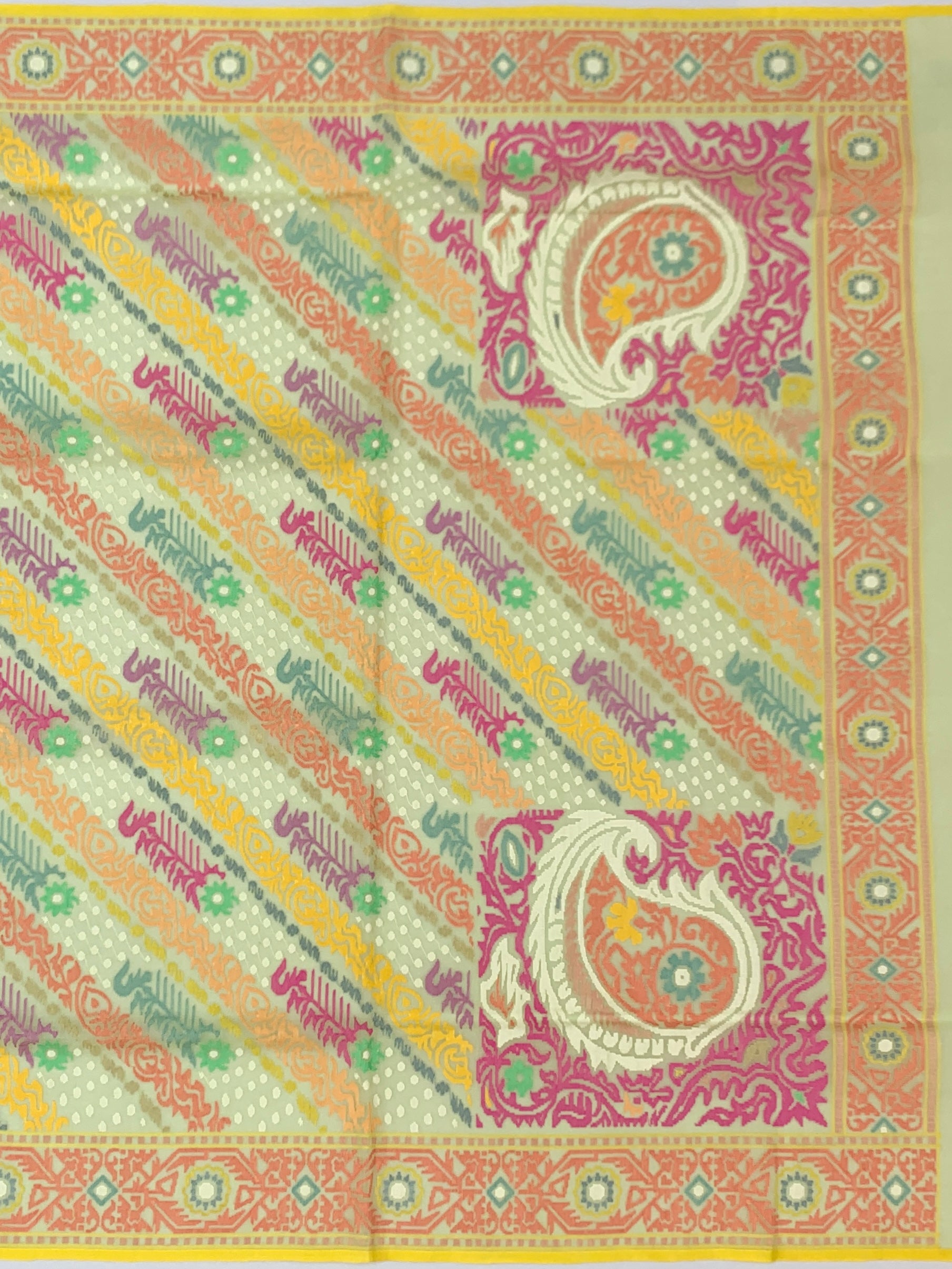 Pastel Mint Cotton Jamdani Saree with Diagonal Multi-Color Weaves and Statement Paisley Pallu