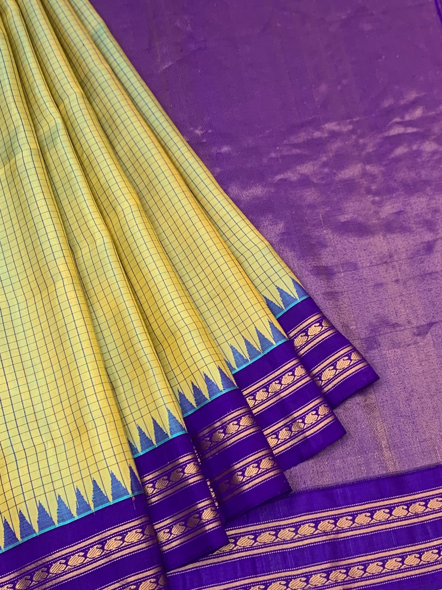 Lemon Yellow & Royal Purple Gadwal Pattu Saree