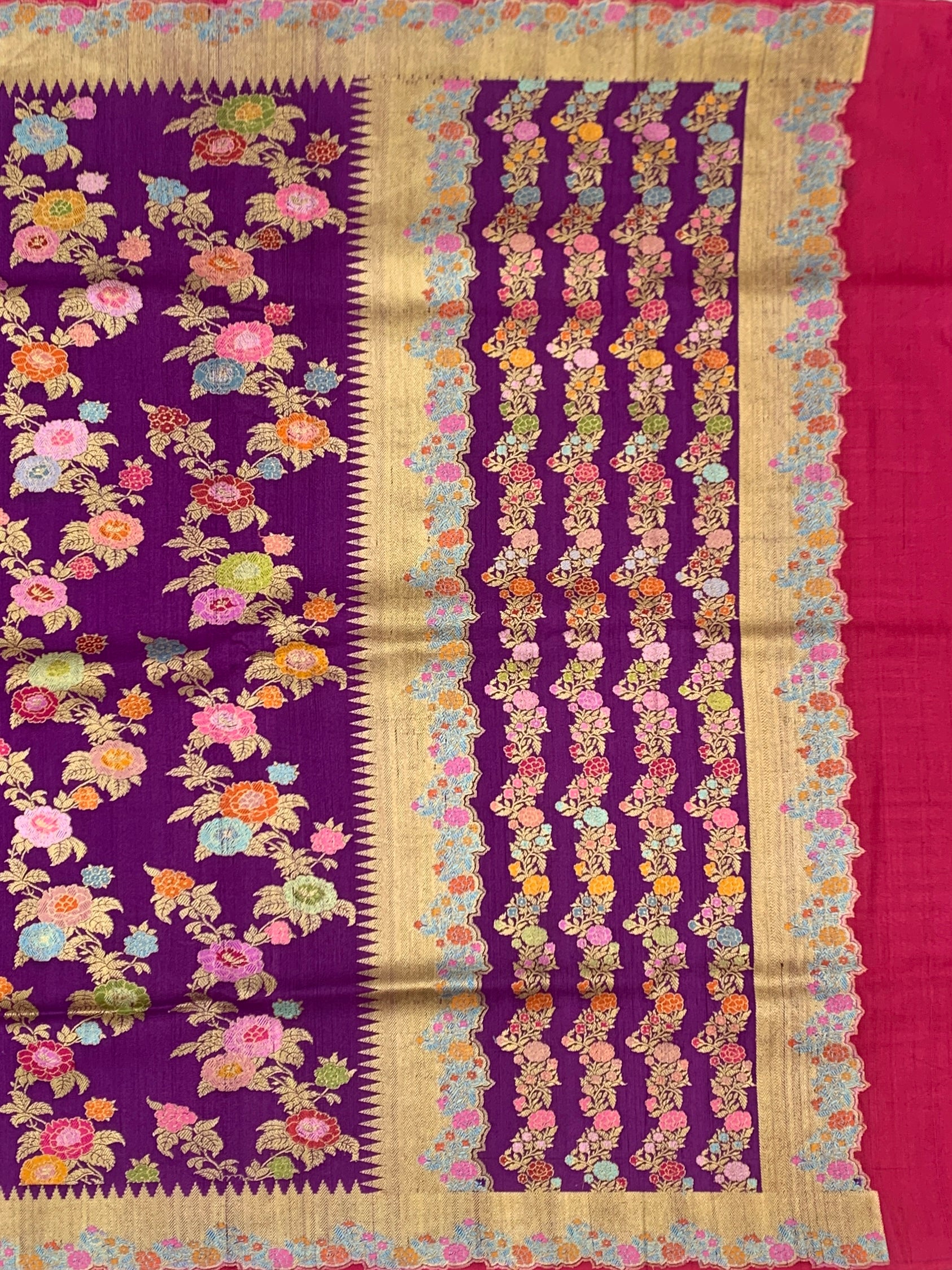 Regal Aubergine Purple Tussore Georgette Saree with Meenakari Floral Jaal