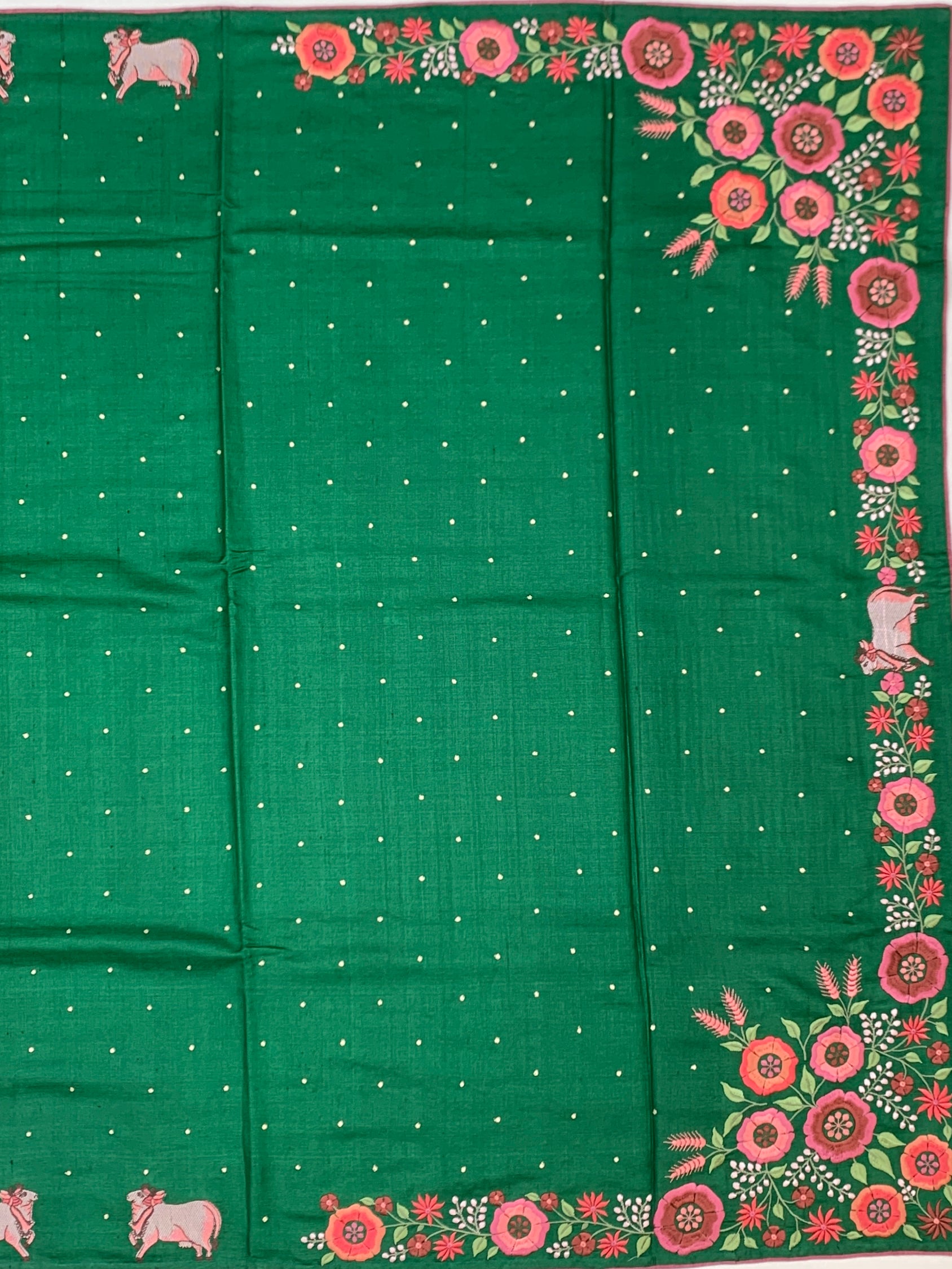 Lush Emerald: Pichwai-Inspired Hand-Embroidered Tussar Silk Saree