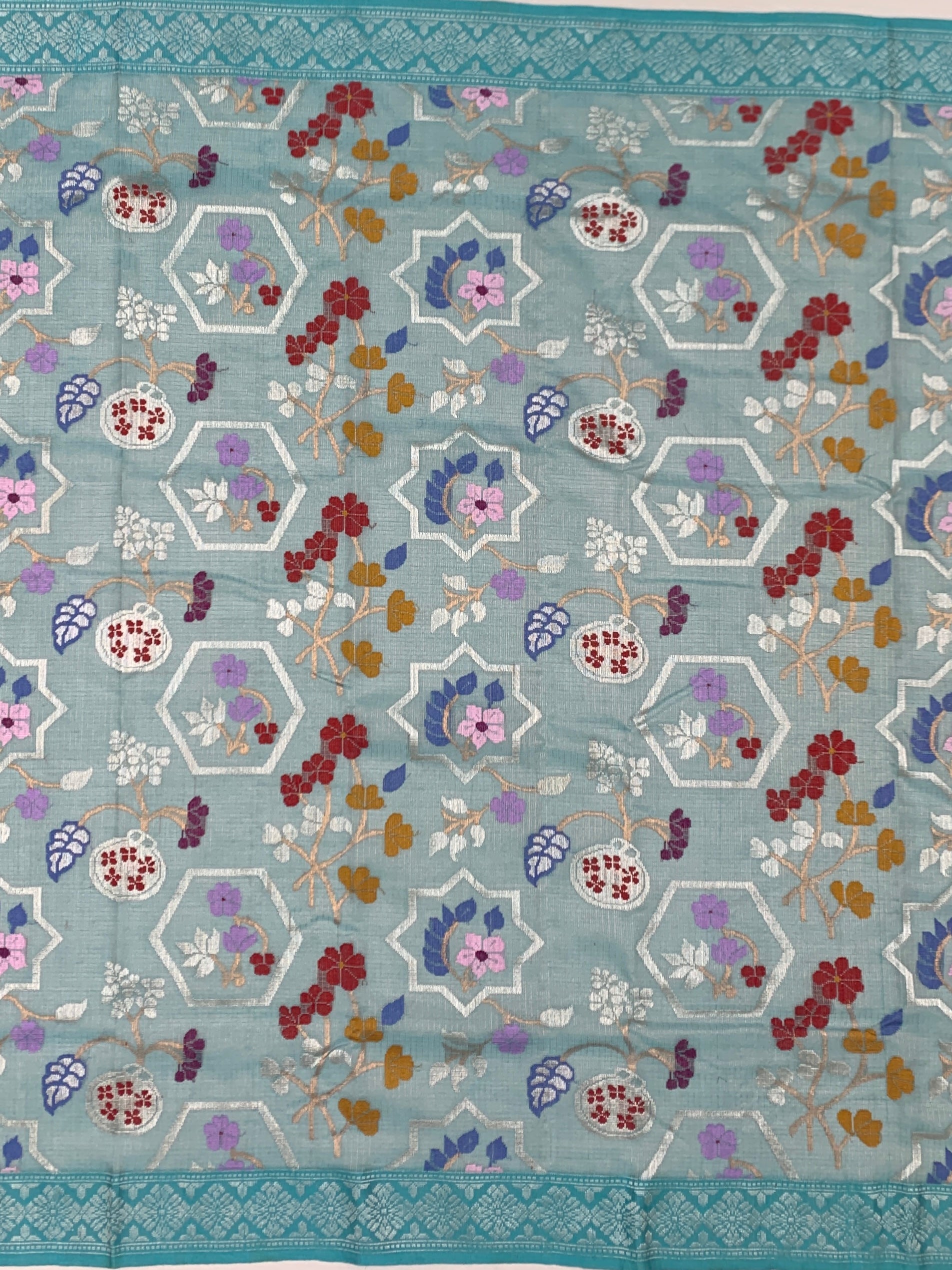 Ice Blue Tissue Zari Kota Saree with Geometric Star Lattice & Meenakari Floral Weave