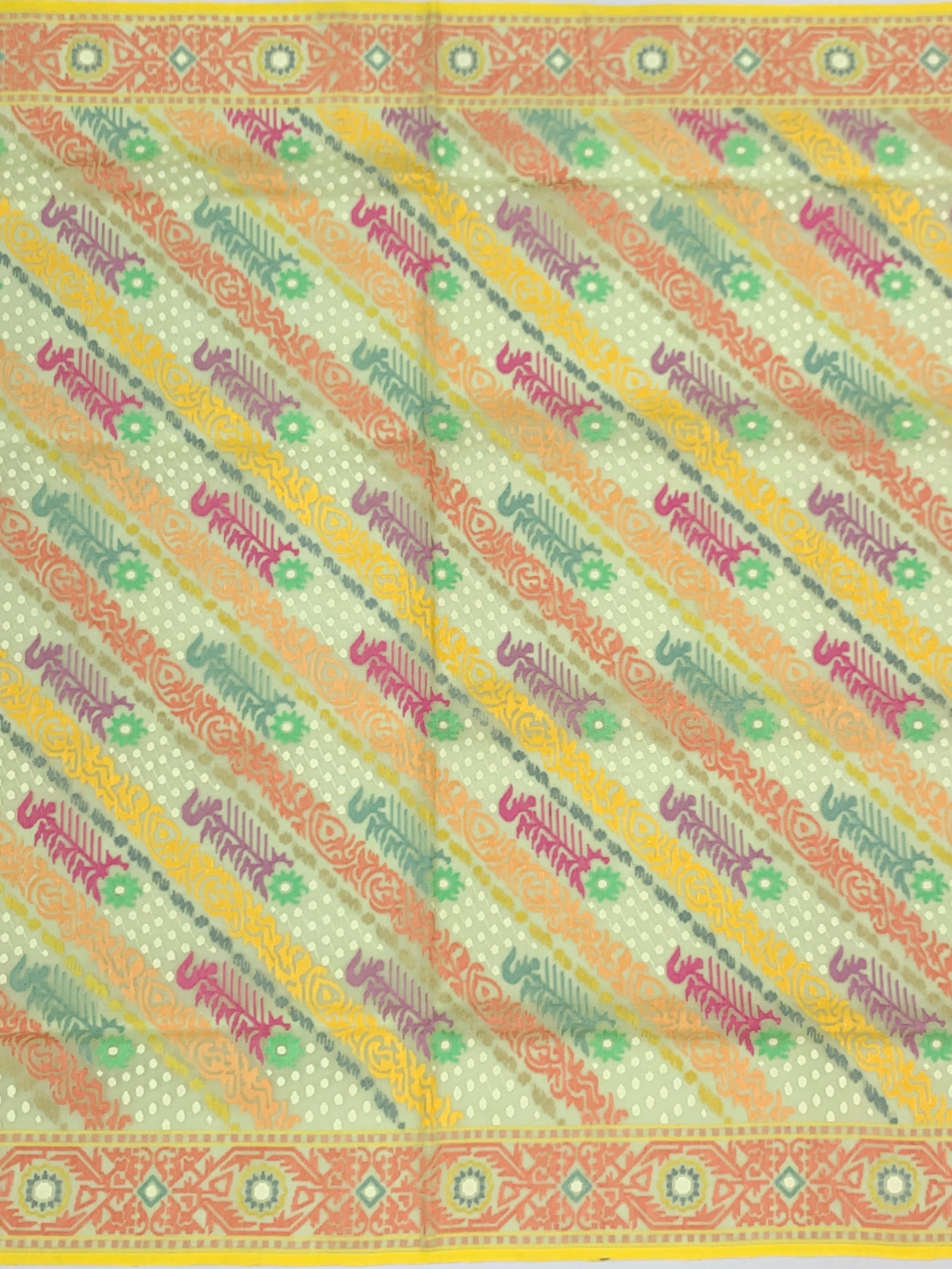 Pastel Mint Cotton Jamdani Saree with Diagonal Multi-Color Weaves and Statement Paisley Pallu