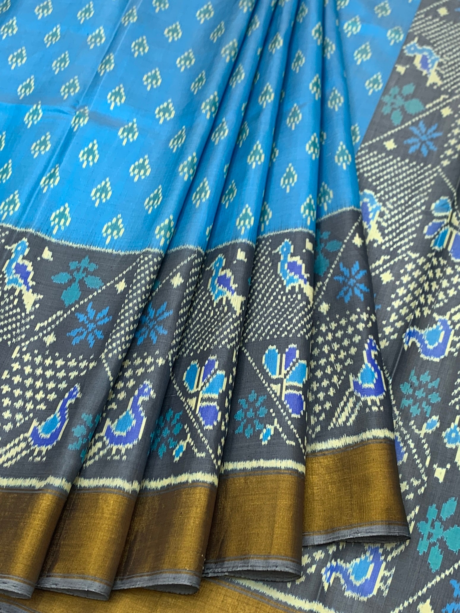 Azure Blue & Slate Grey: Popat Bhat Rajkot Patola Silk Saree