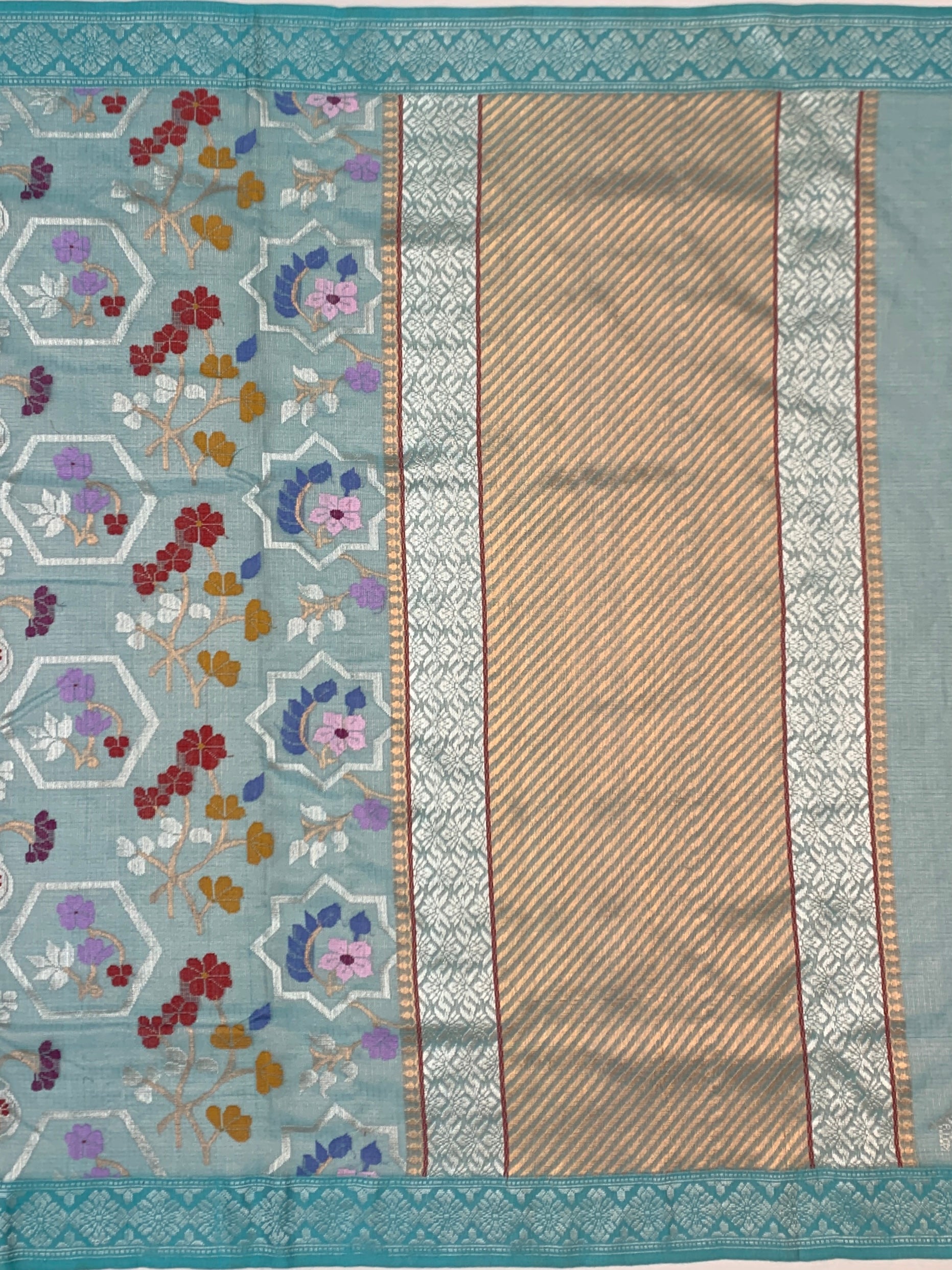 Ice Blue Tissue Zari Kota Saree with Geometric Star Lattice & Meenakari Floral Weave