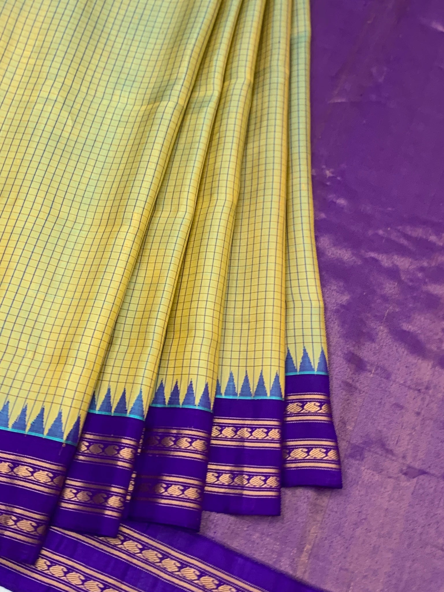 Lemon Yellow & Royal Purple Gadwal Pattu Saree