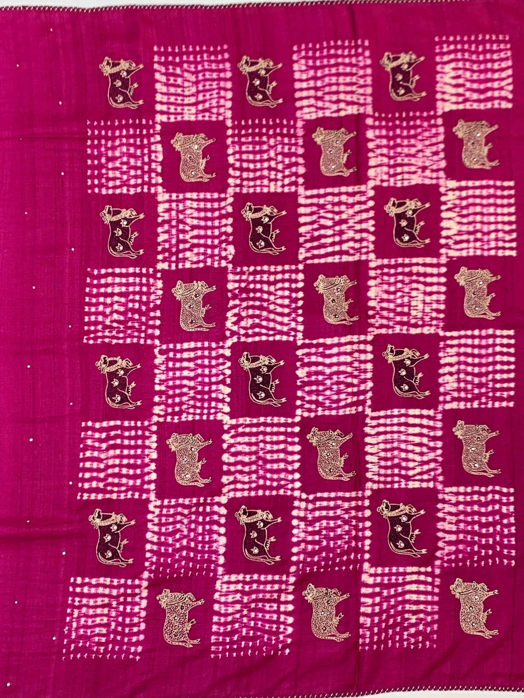 Magenta Pink Tussore Silk Saree with Pichwai Cow Embroidery & Shibori Grid