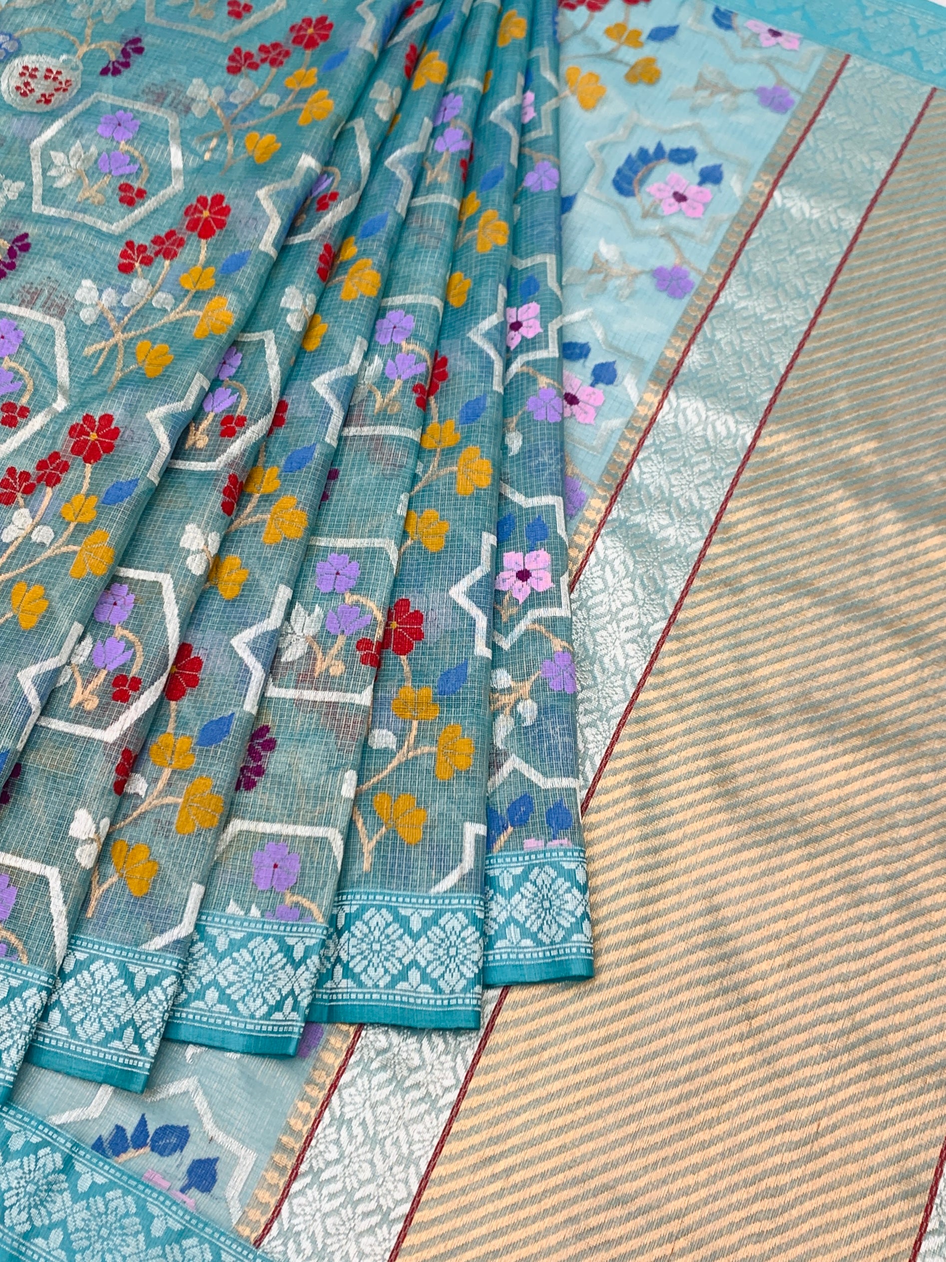 Ice Blue Tissue Zari Kota Saree with Geometric Star Lattice & Meenakari Floral Weave