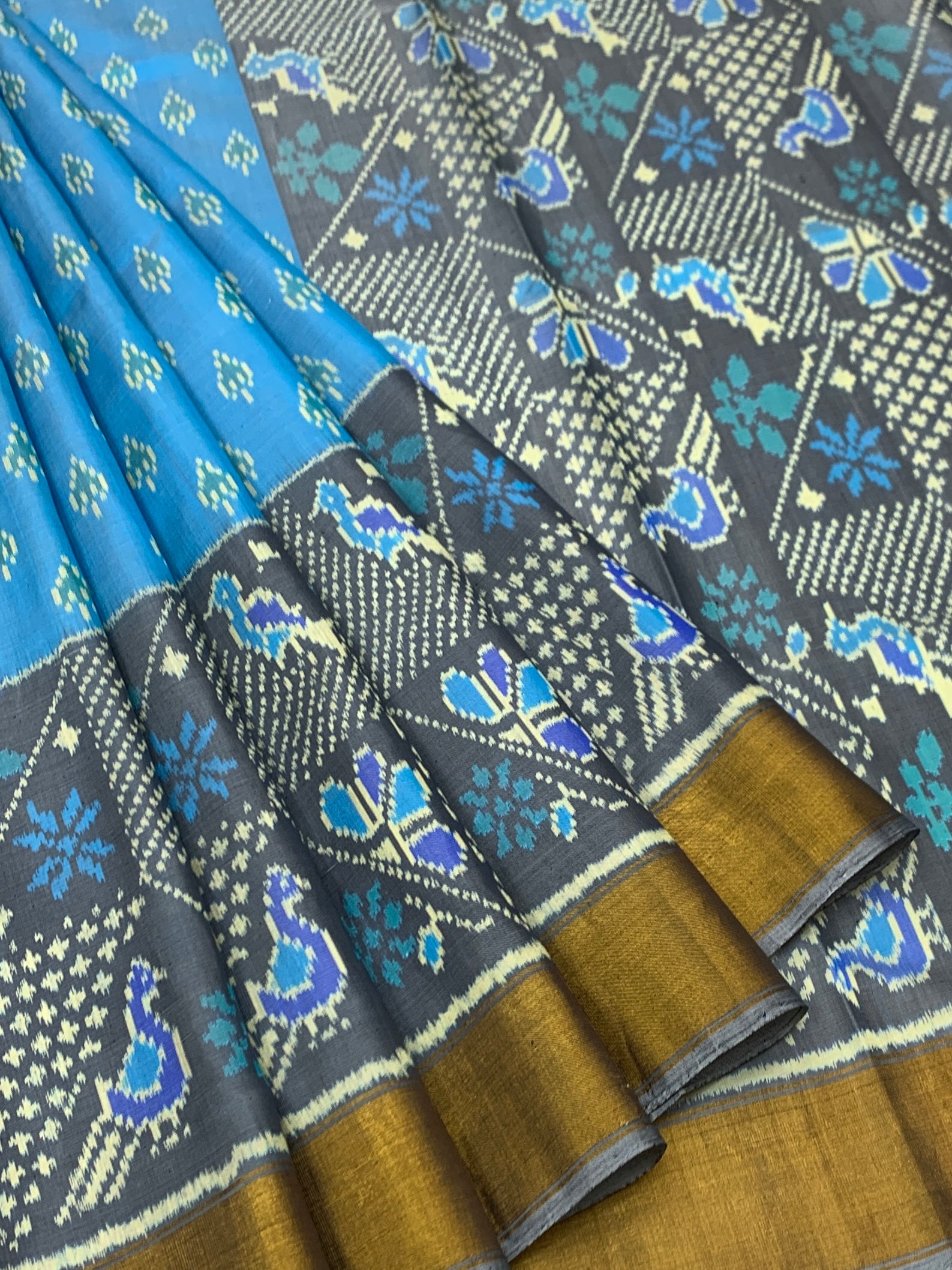Azure Blue & Slate Grey: Popat Bhat Rajkot Patola Silk Saree