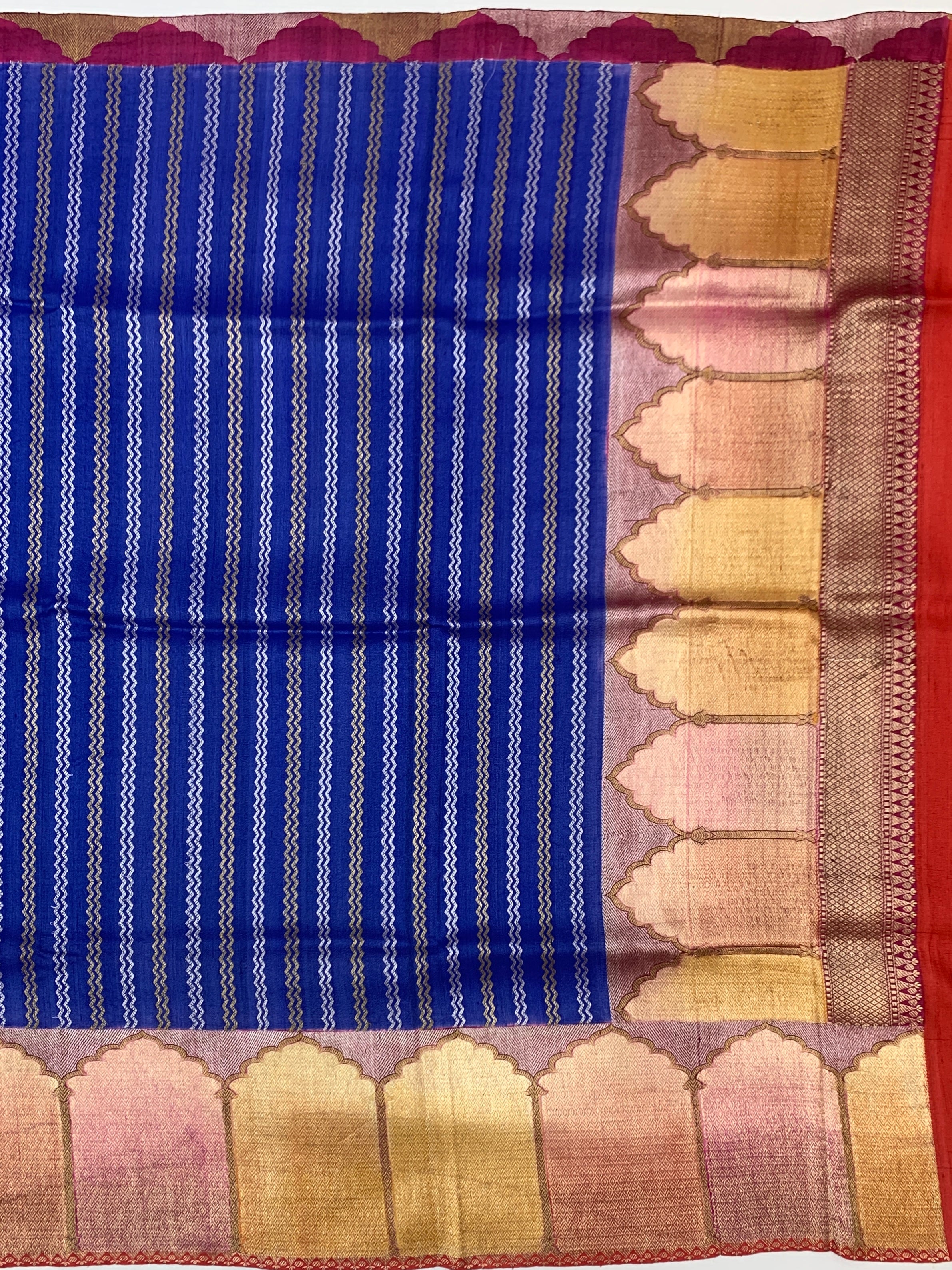 Royal Blue Tussore Georgette Saree with Zari Stripes & Contrast Red Blouse