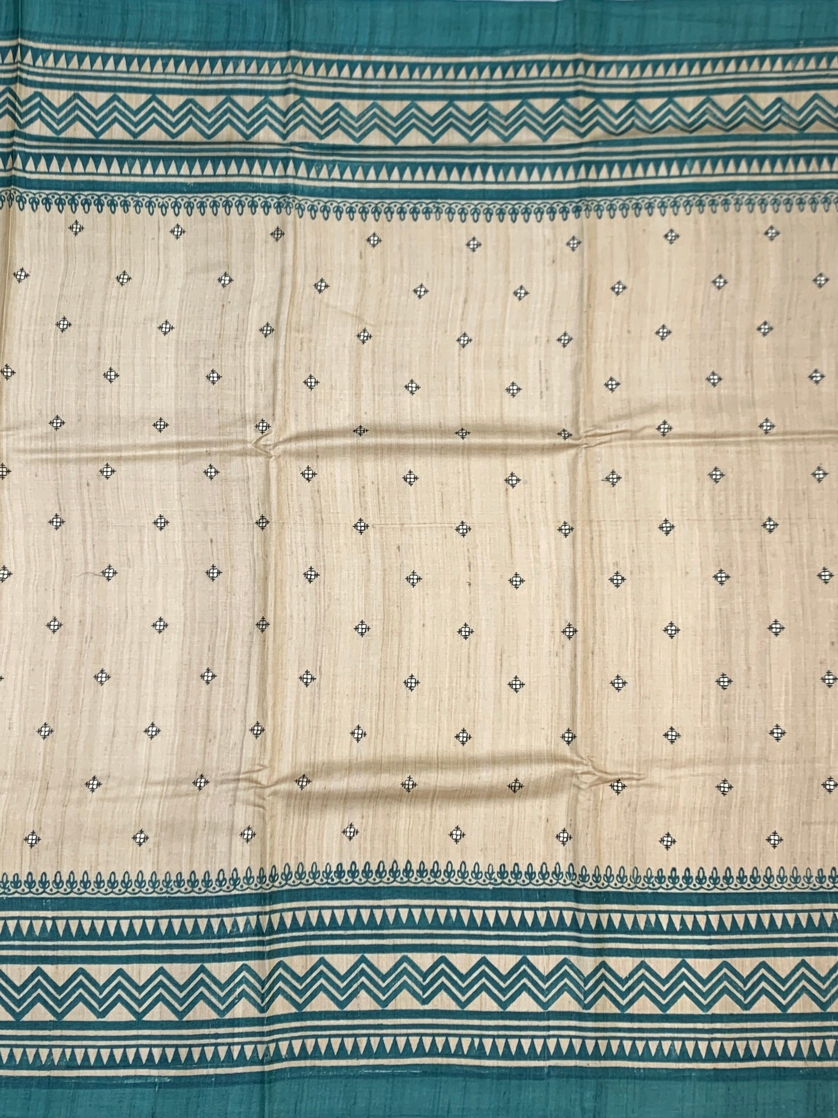 Earthy Ivory & Sea Green: Geometric Aztec Printed Tussore Saree