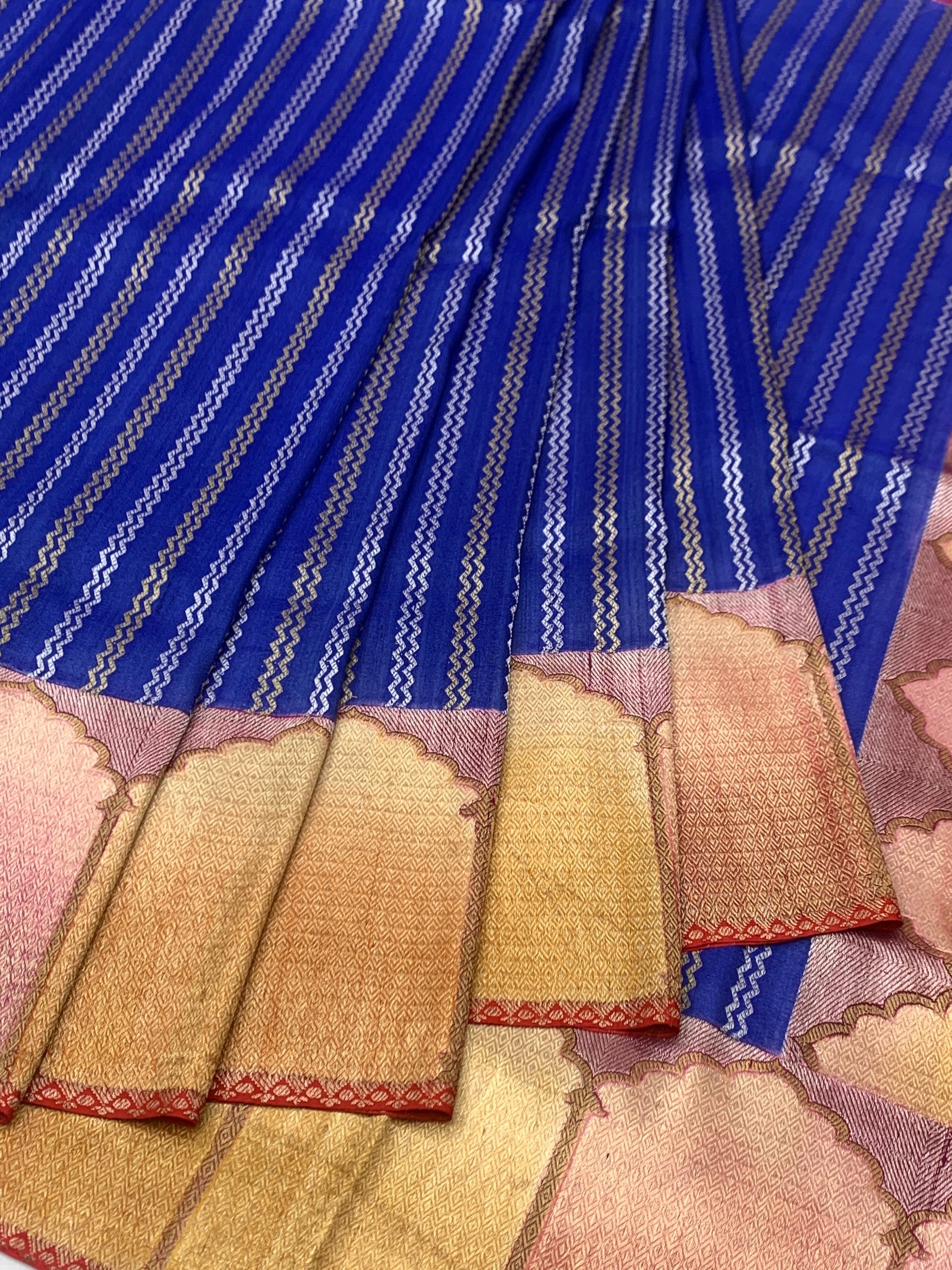 Royal Blue Tussore Georgette Saree with Zari Stripes & Contrast Red Blouse