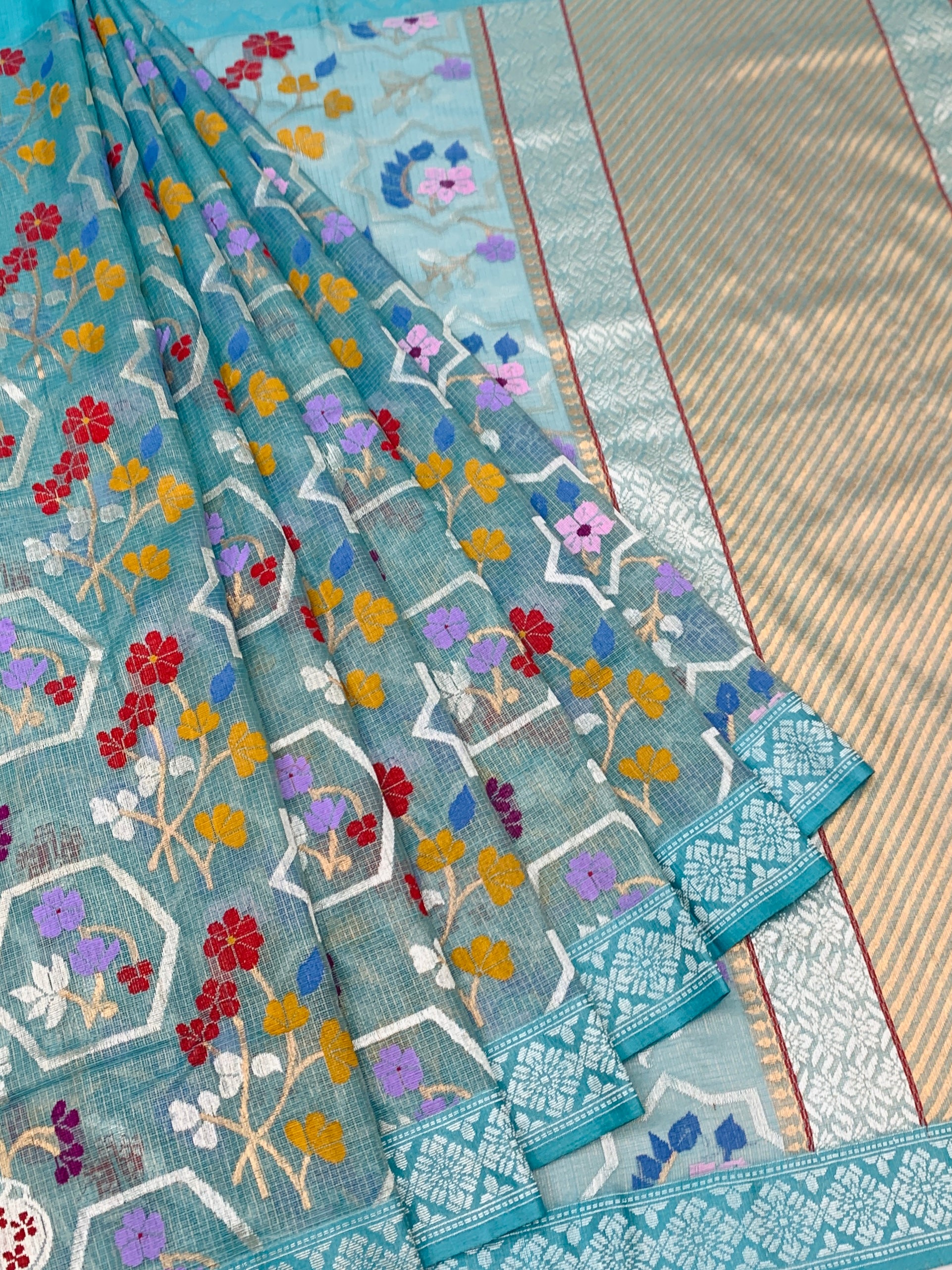 Ice Blue Tissue Zari Kota Saree with Geometric Star Lattice & Meenakari Floral Weave