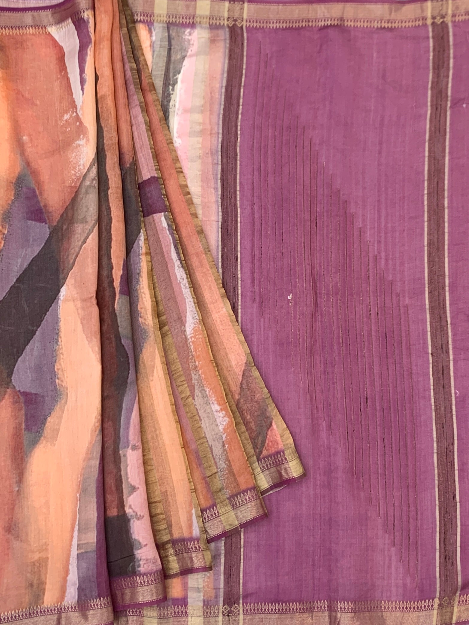 Abstract Watercolor & Orchid Plum Printed Tussore Silk Saree