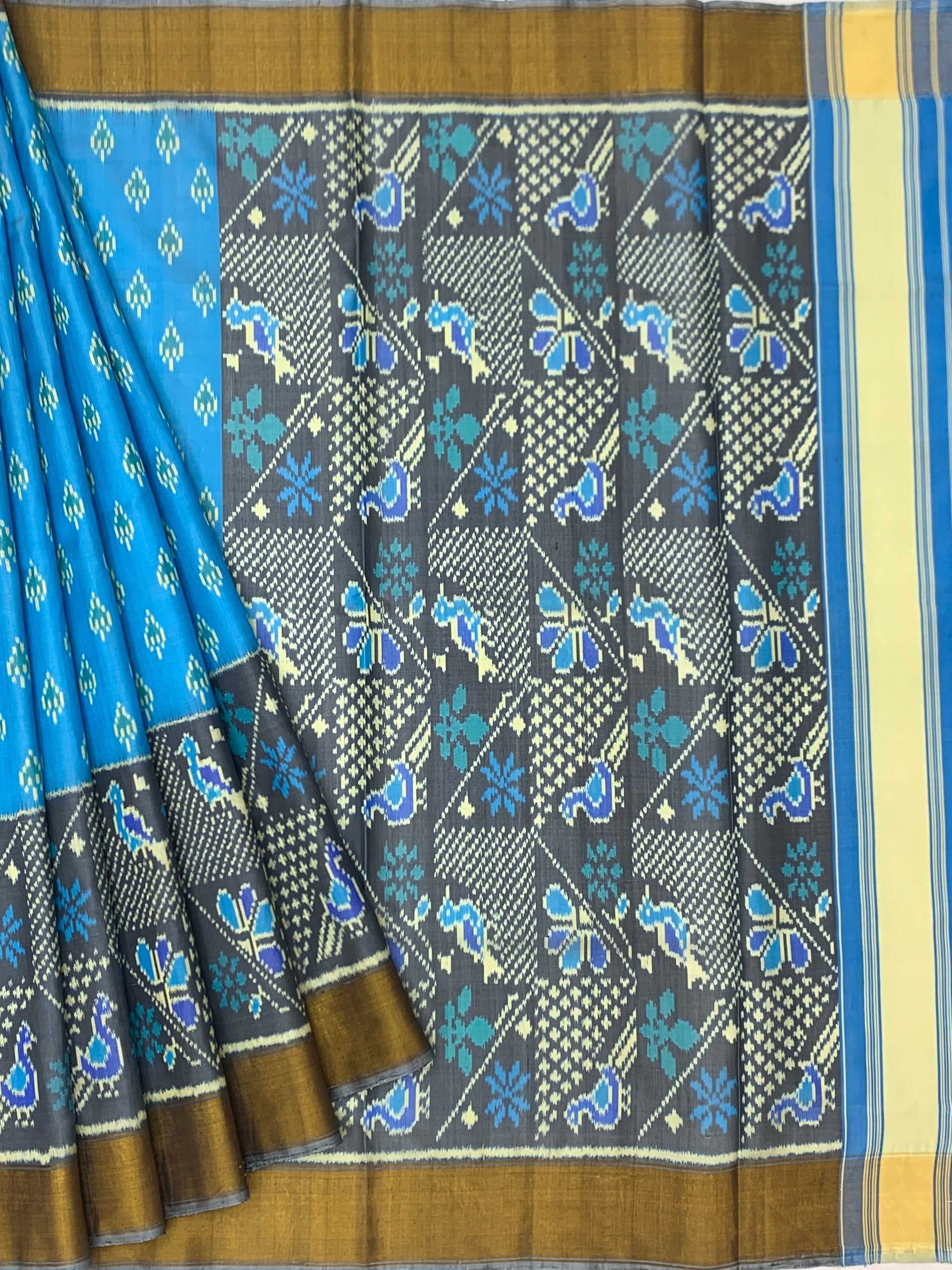 Azure Blue & Slate Grey: Popat Bhat Rajkot Patola Silk Saree