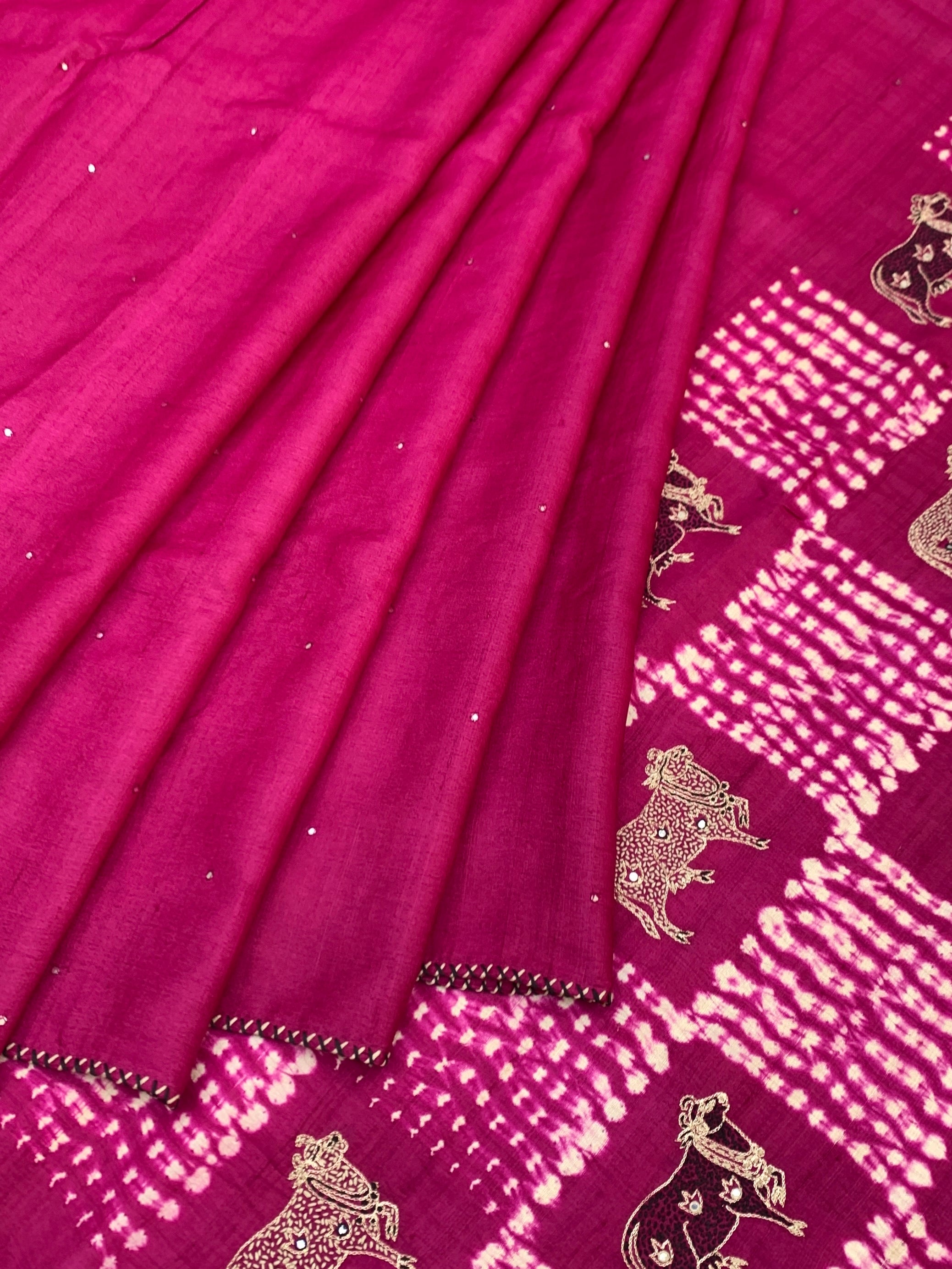 Magenta Pink Tussore Silk Saree with Pichwai Cow Embroidery & Shibori Grid