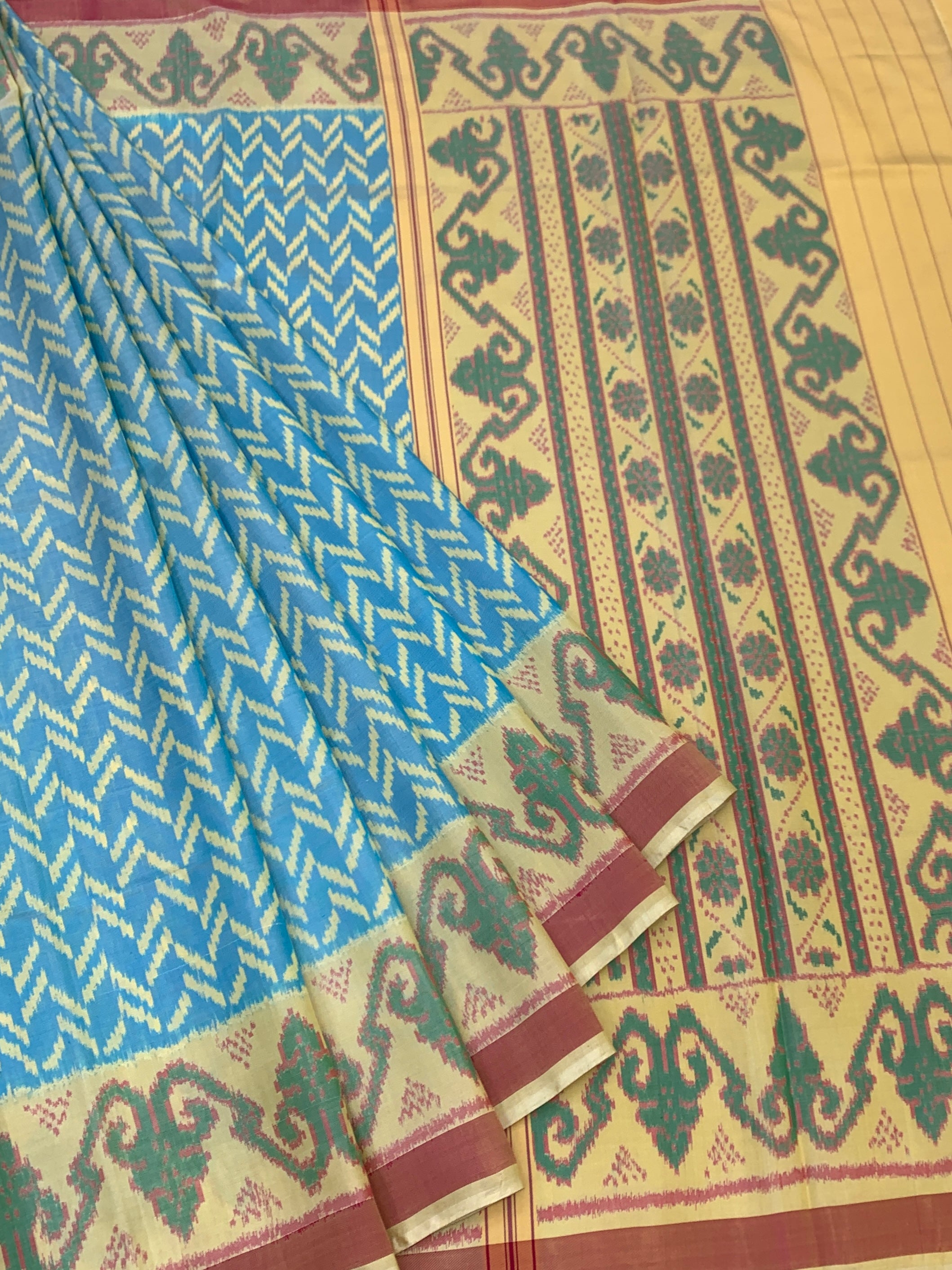 Cerulean Chevron: Heritage Rajkot Patola Silk Saree