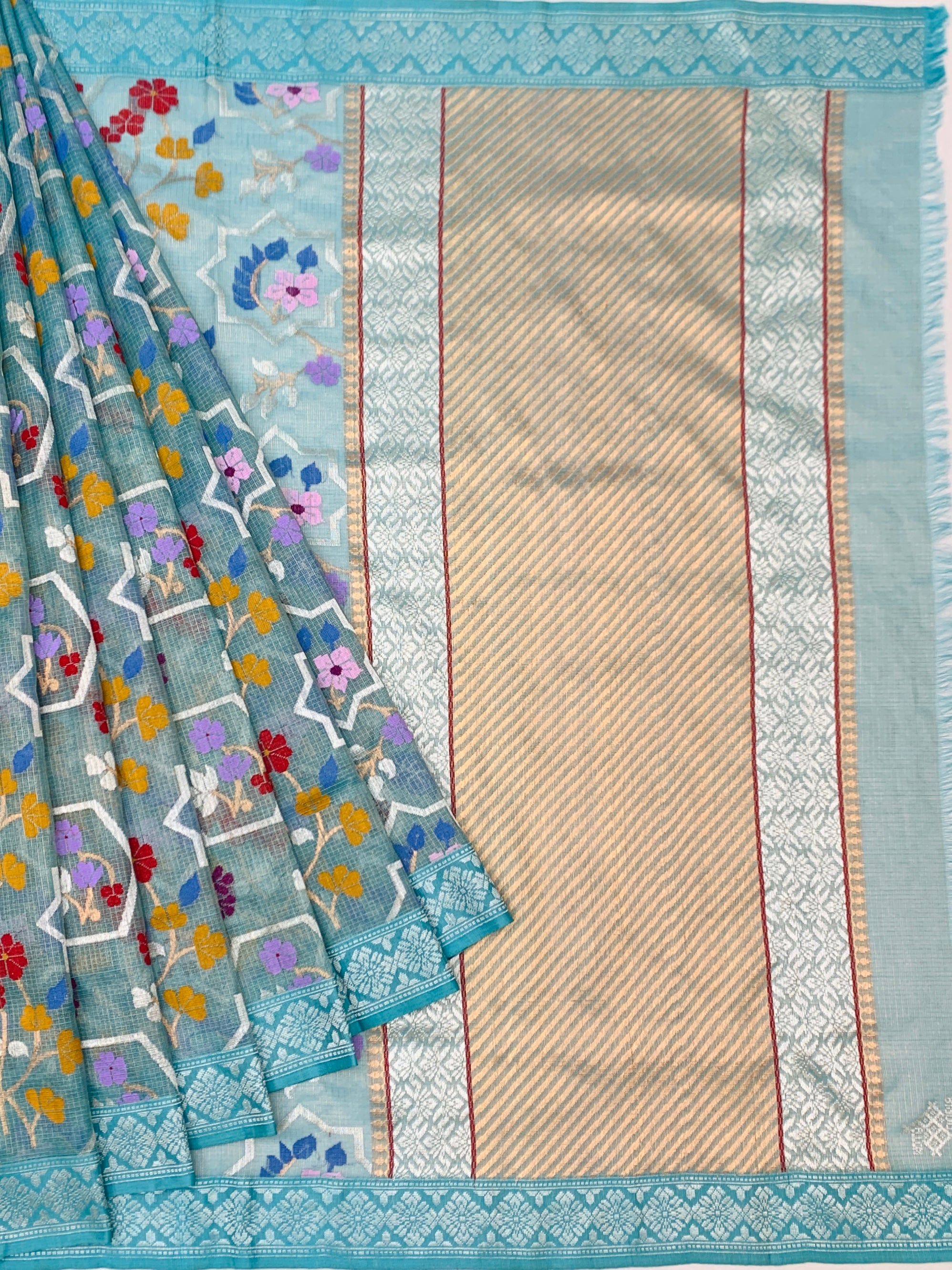 Ice Blue Tissue Zari Kota Saree with Geometric Star Lattice & Meenakari Floral Weave