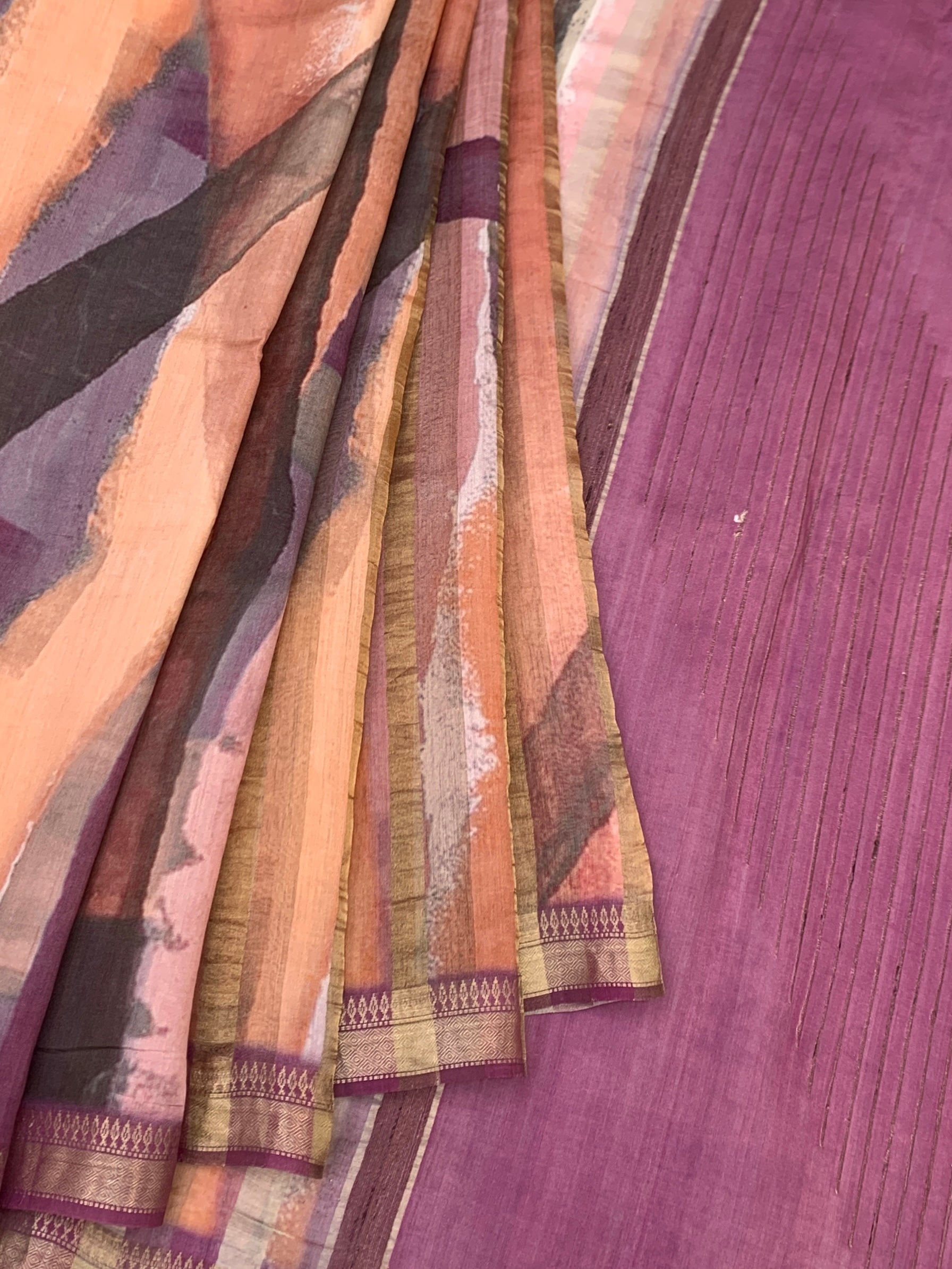 Abstract Watercolor & Orchid Plum Printed Tussore Silk Saree
