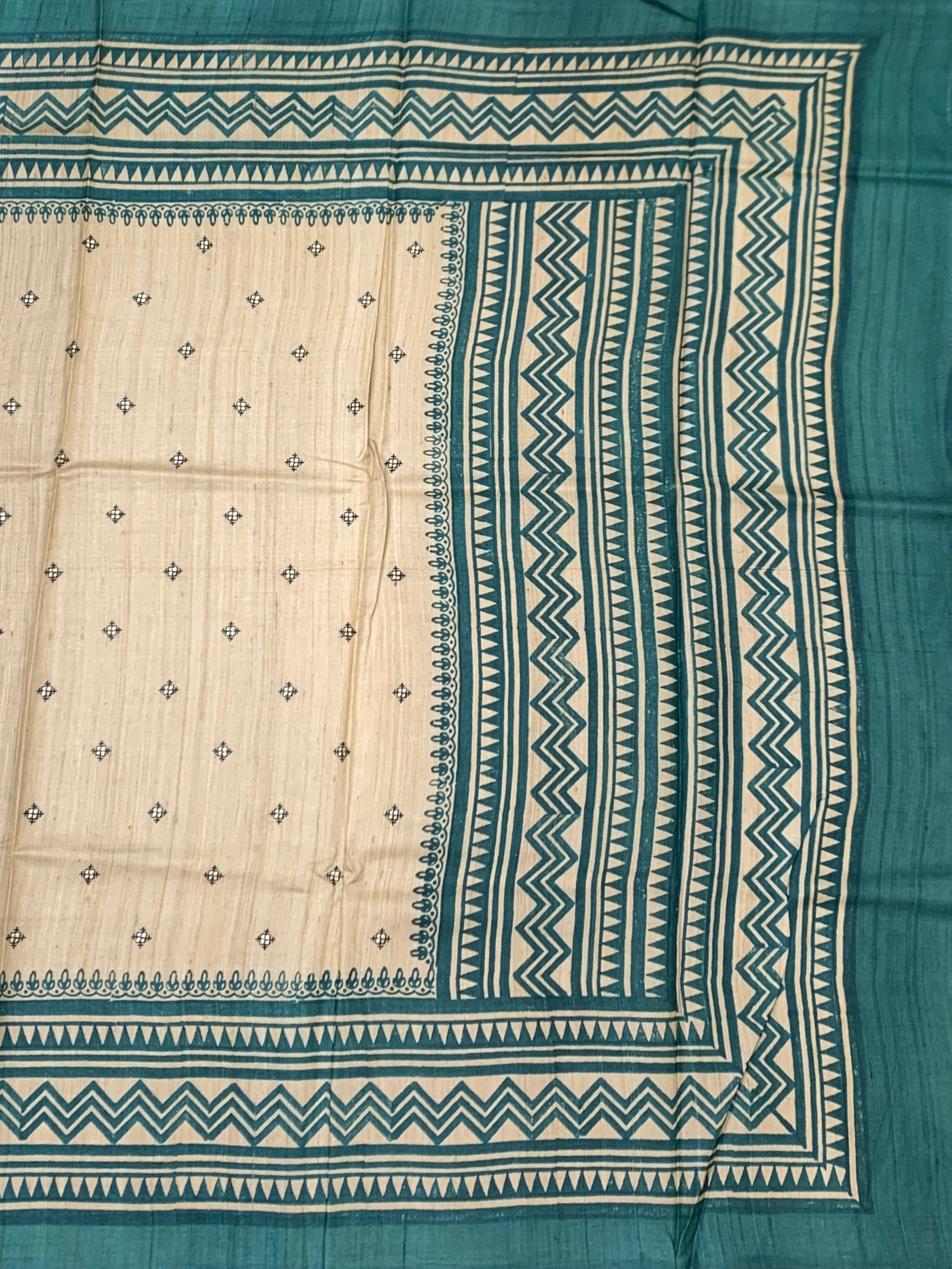Earthy Ivory & Sea Green: Geometric Aztec Printed Tussore Saree