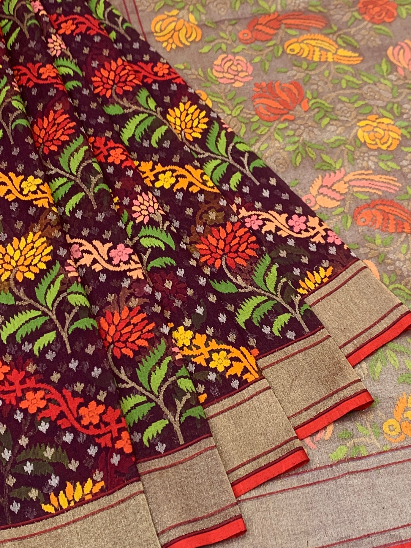 Majestic Deep Aubergine Cotton Jamdani Saree with Diagonal Floral Vines and Avian Pallu