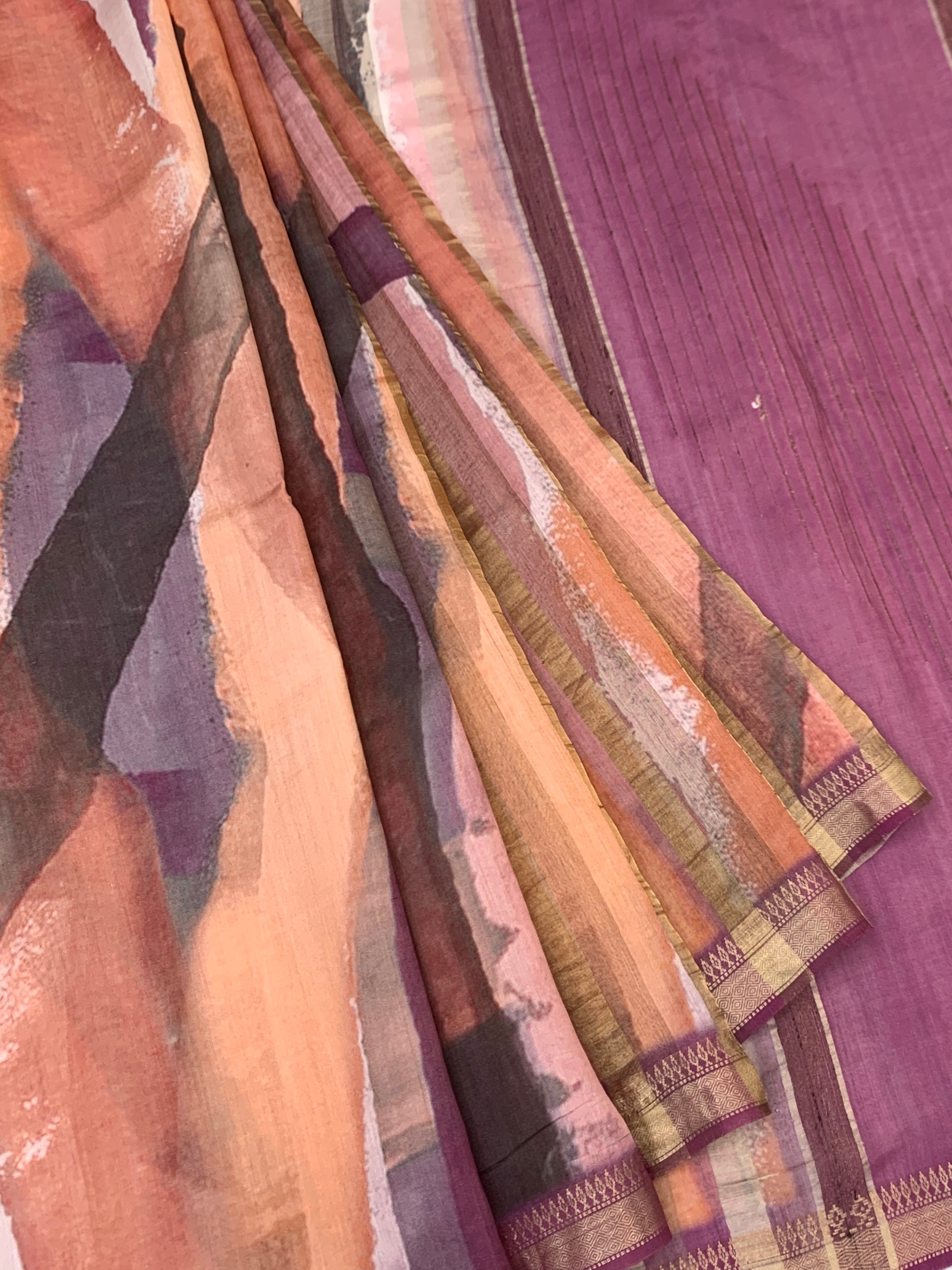 Abstract Watercolor & Orchid Plum Printed Tussore Saree