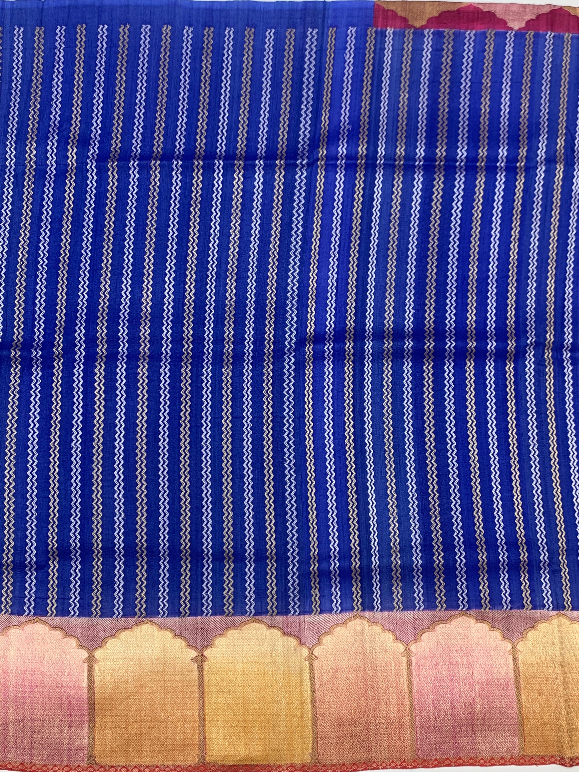 Royal Blue Tussore Georgette Saree with Zari Stripes & Contrast Red Blouse