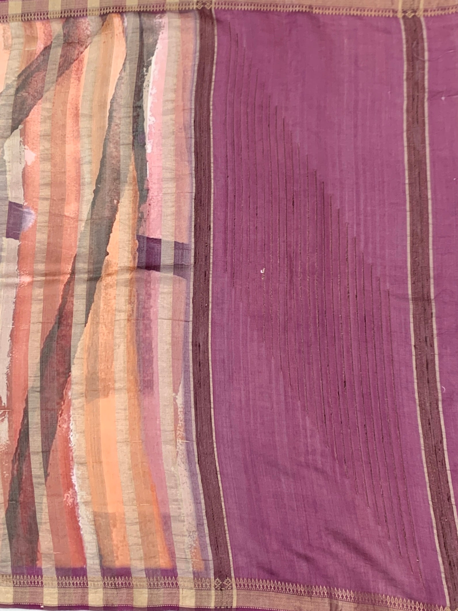 Abstract Watercolor & Orchid Plum Printed Tussore Saree