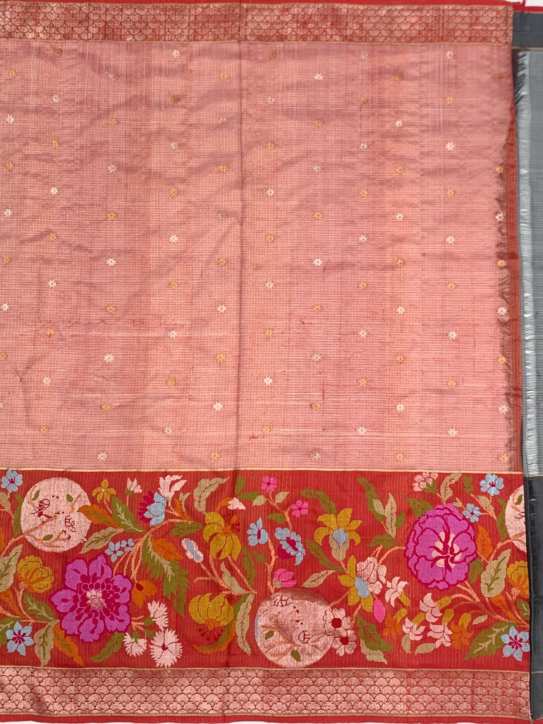 Charcoal Grey Zari Kota Saree with Contrast Rust Blouse