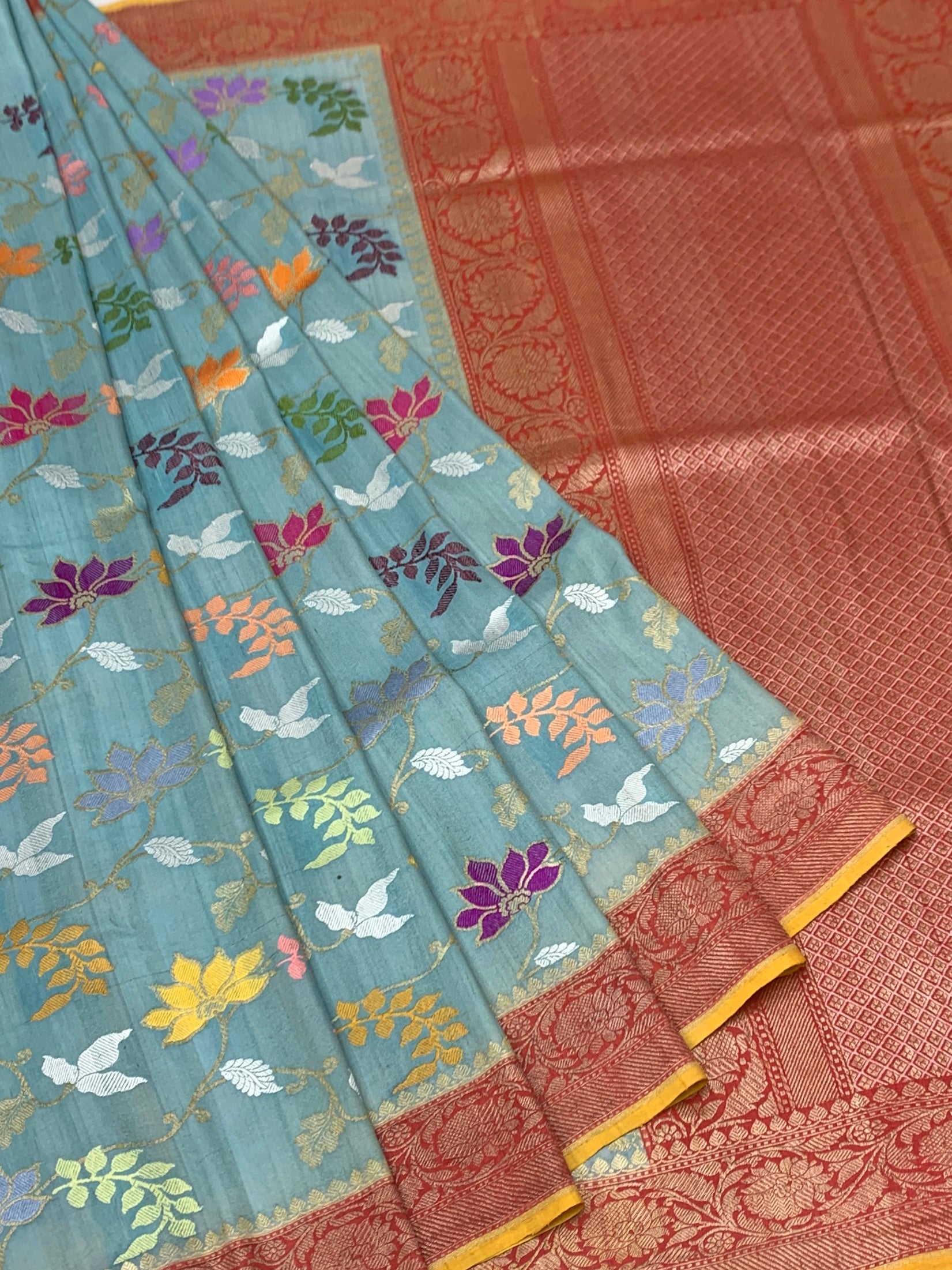 Dusty Blue Tussore Georgette Saree with Meenakari Botanicals and Rust Zari Pallu