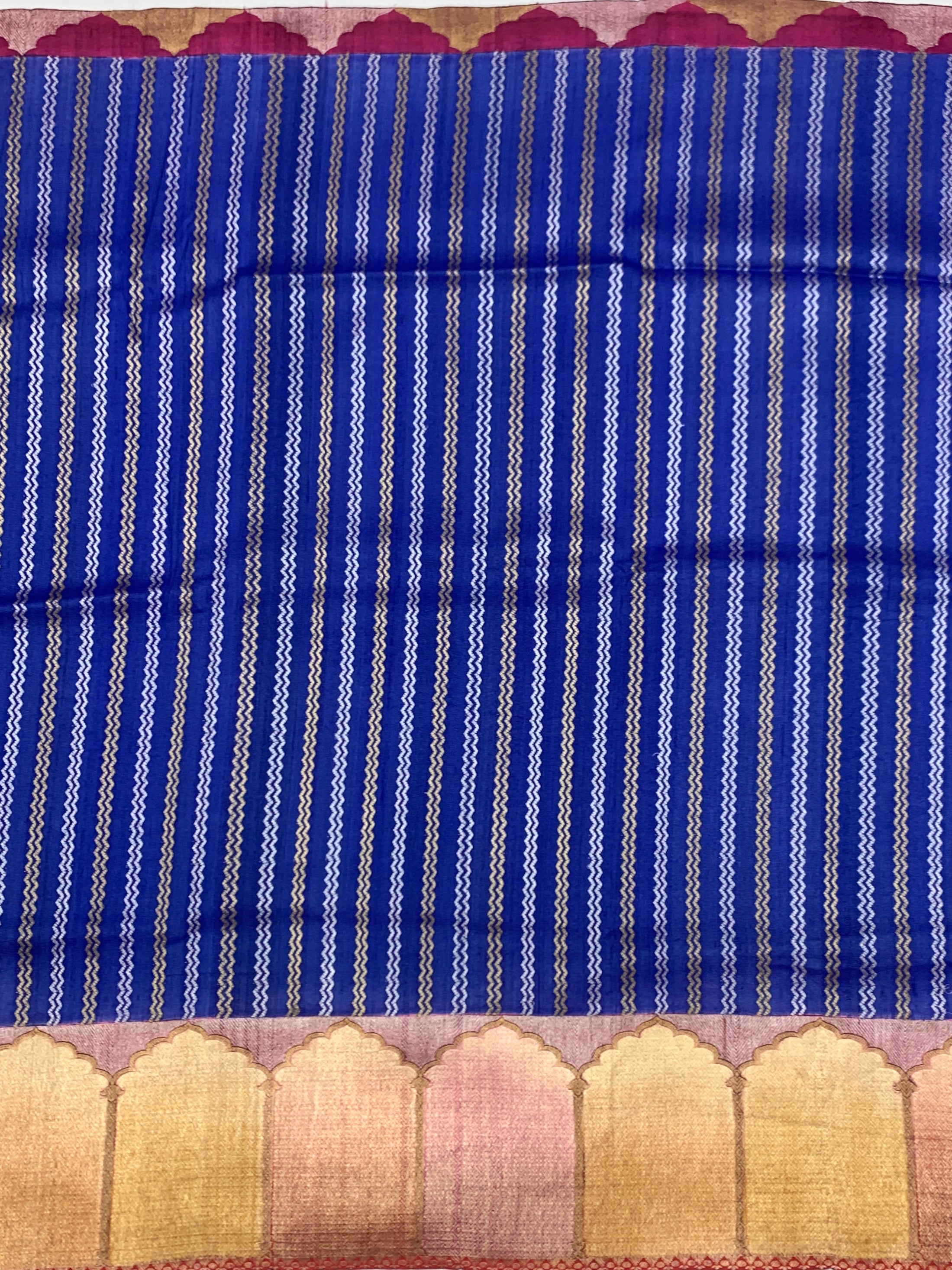 Royal Blue Tussore Georgette Saree with Zari Stripes & Contrast Red Blouse