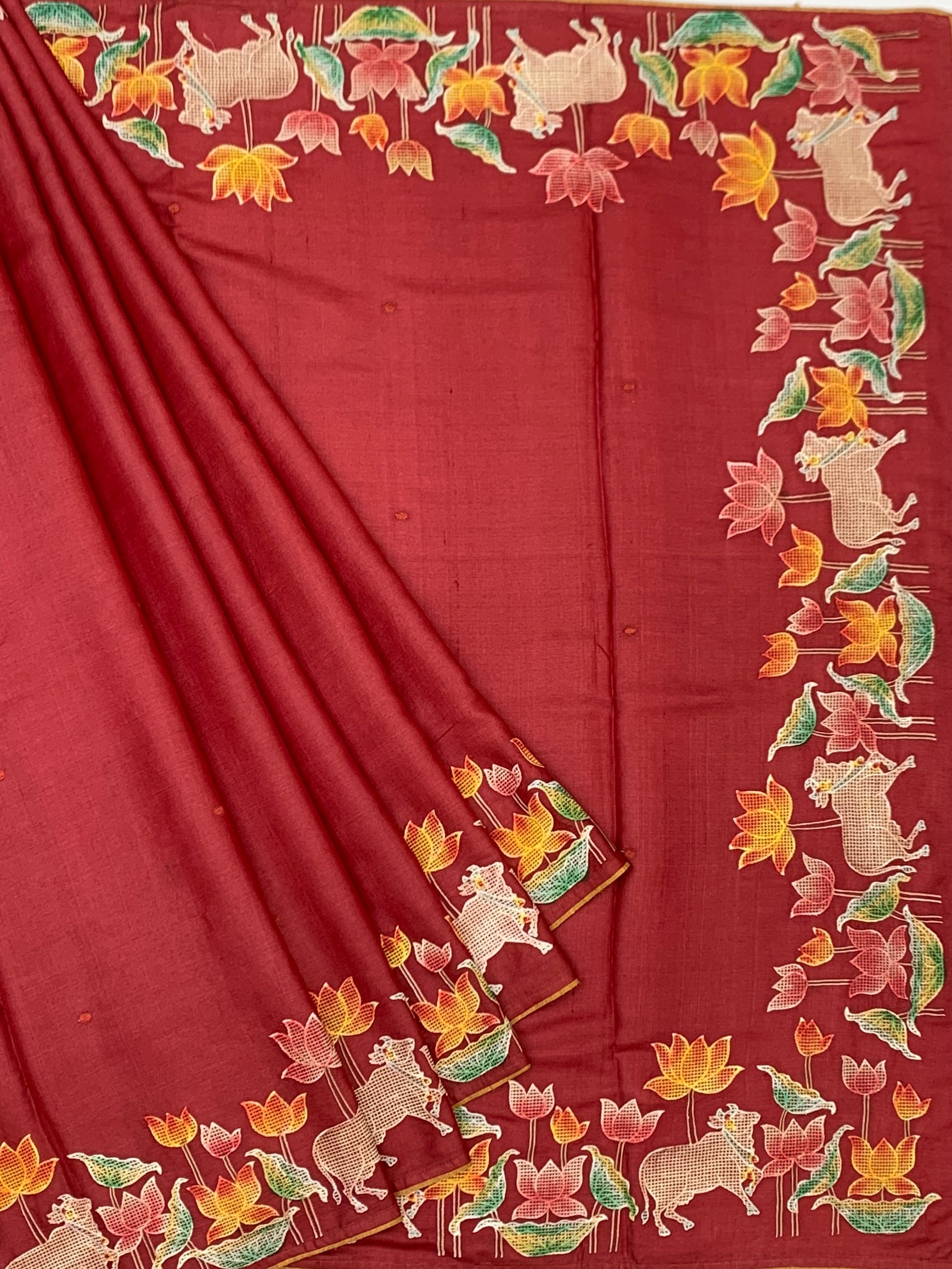 Crimson Heritage: Pichwai-Inspired Hand-Embroidered Tussar Silk Saree