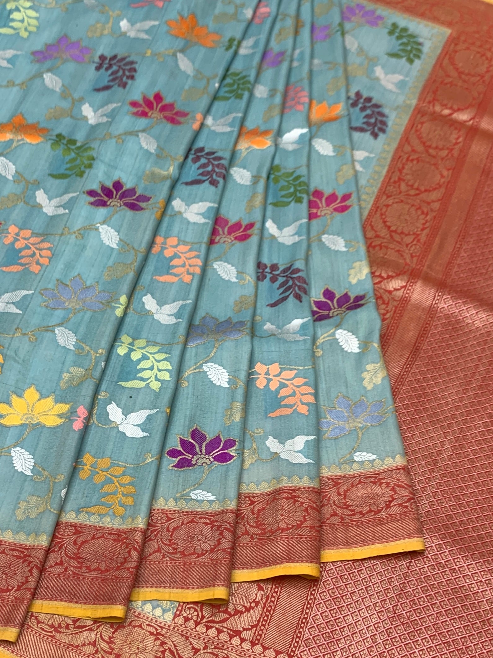 Dusty Blue Tussore Georgette Saree with Meenakari Botanicals and Rust Zari Pallu