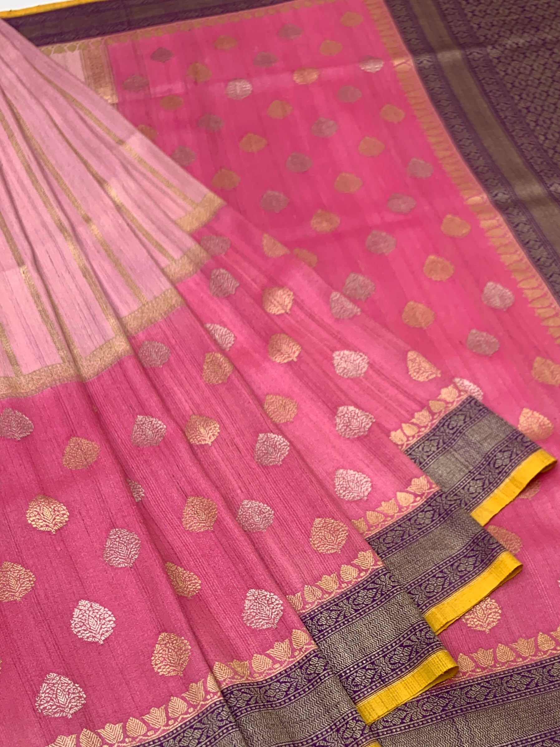 Elegant Pink Tussore Georgette Saree with Deep Purple Zari Pallu & Mustard Yellow Blouse