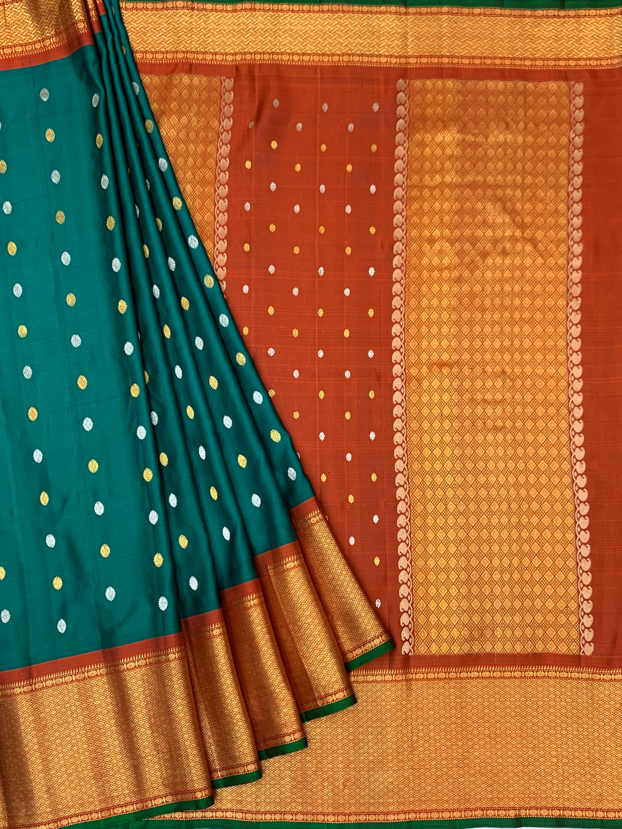 Exquisite Emerald Green & Rust Orange Gadwal Twill Pattu Saree