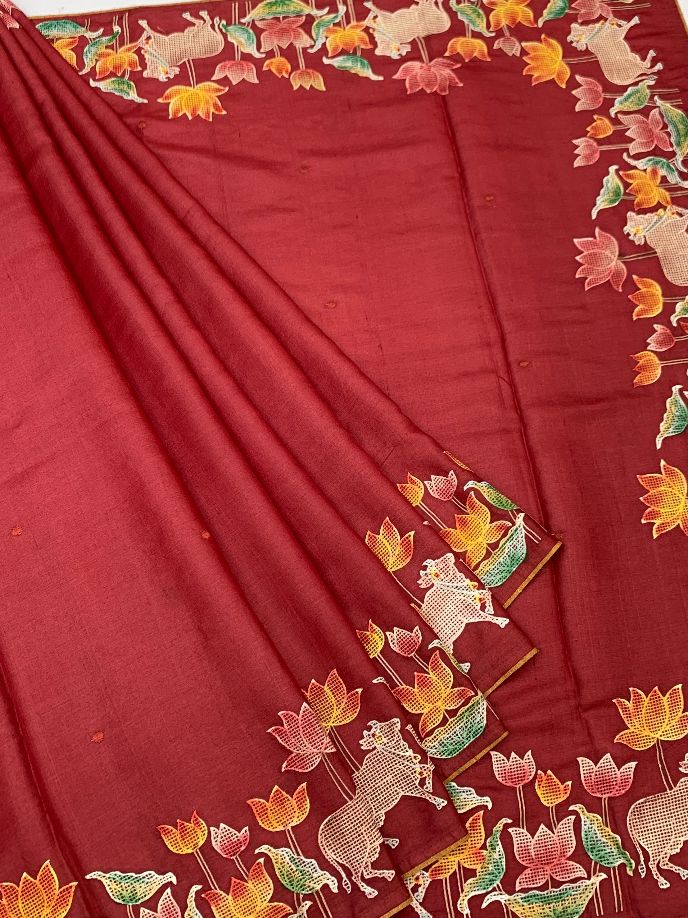Crimson Heritage: Pichwai-Inspired Hand-Embroidered Tussar Silk Saree